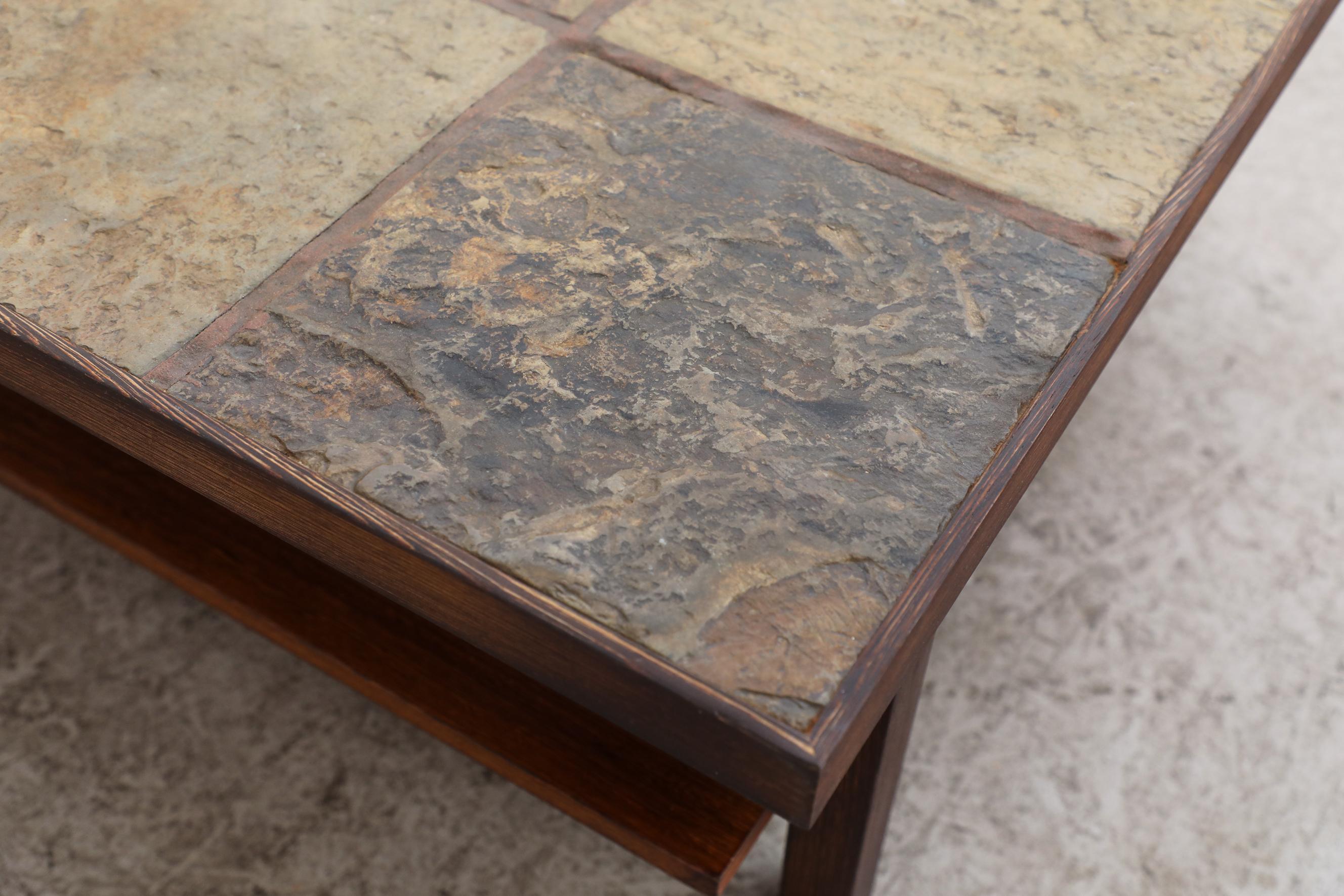 Mid-Century Modern Brutalist Wood Framed Stone Topped Coffee Table with Shelf For Sale 9
