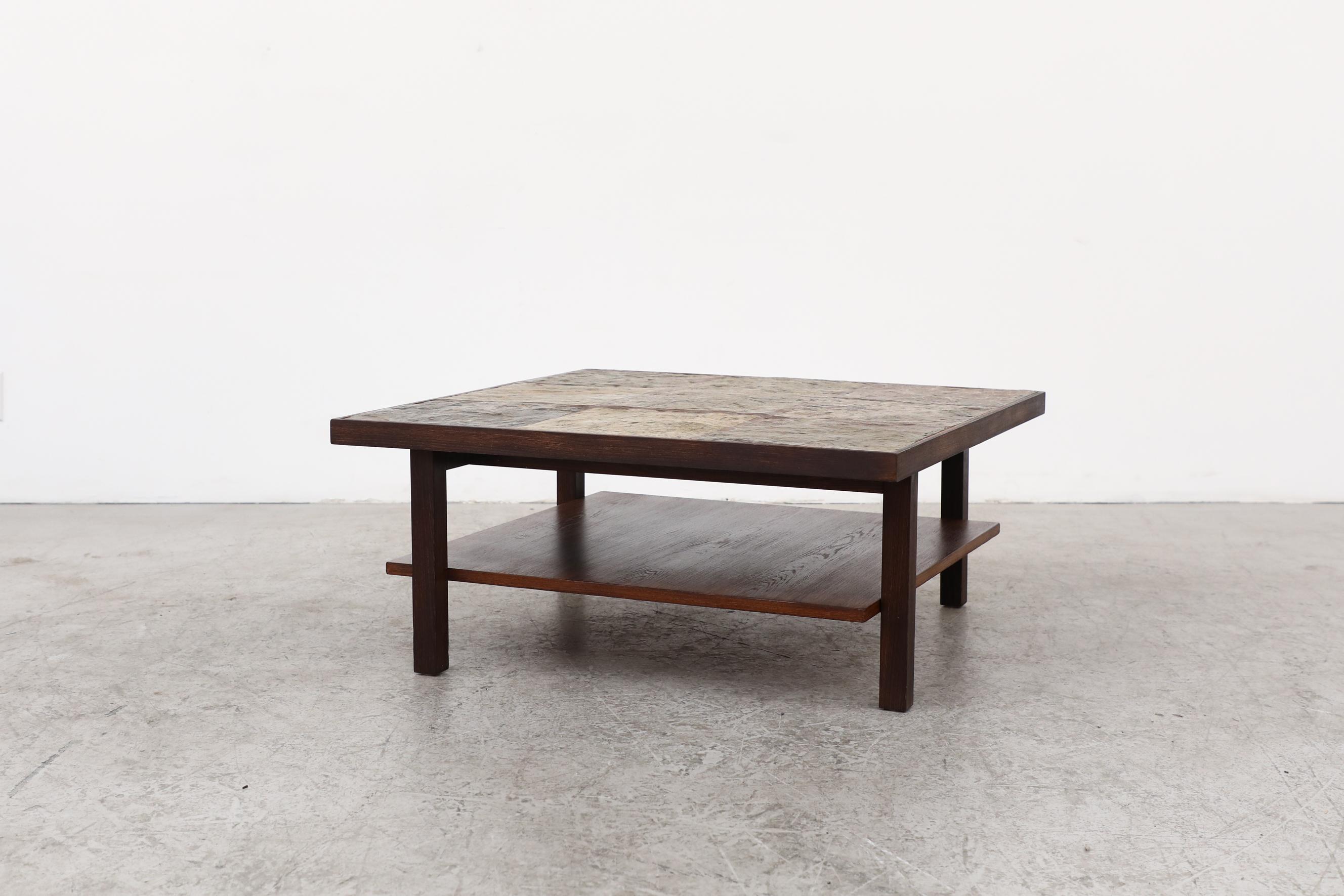 20th Century Mid-Century Modern Brutalist Wood Framed Stone Topped Coffee Table with Shelf For Sale