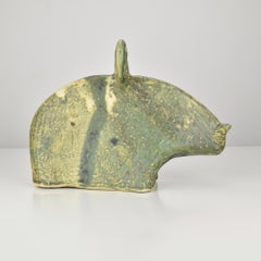 Mid-Century Modern Brutalist Studio Pottery Bull Sculpture in Green Glaze Signed