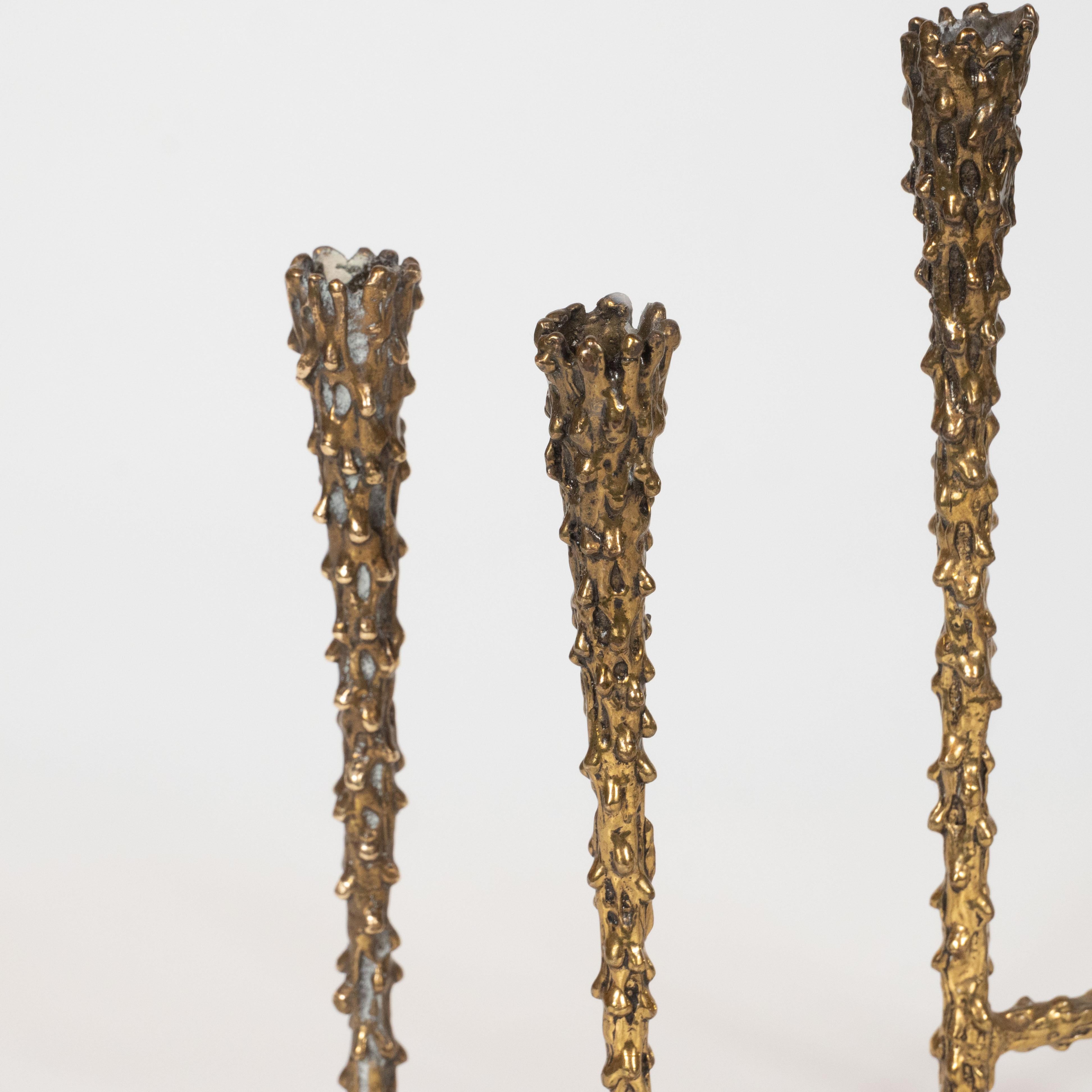 Mid-Century Modern Brutalist Textural Brass Menorah In Excellent Condition In New York, NY