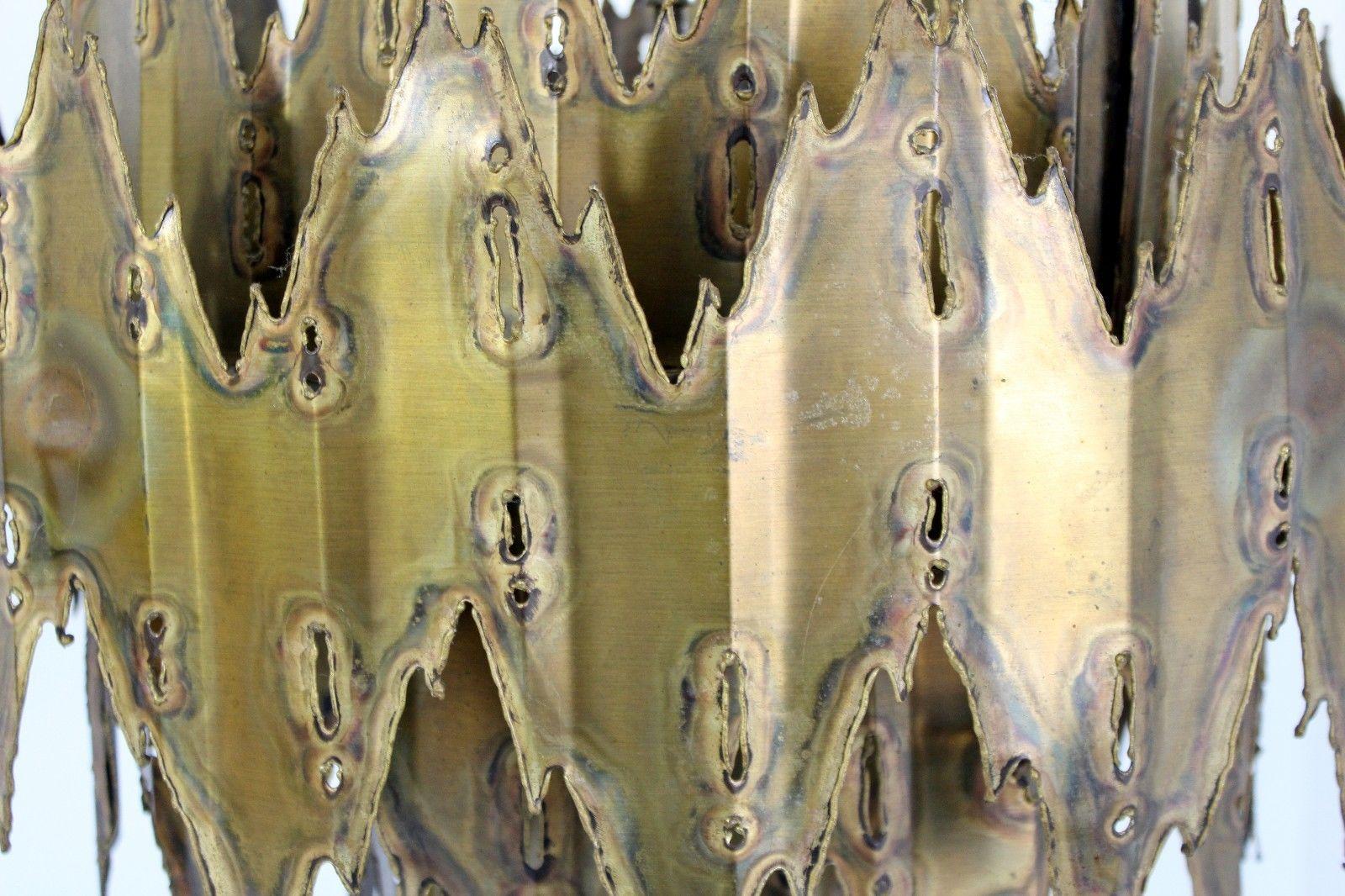 Mid Century Modern Brutalist Torch Cut Brass Chandelier By Tom Greene In Good Condition In Keego Harbor, MI