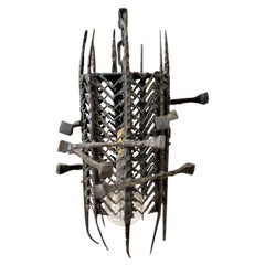 Mid-Century Modern Brutalist Torch Cut Steel & Spike Swag Light and Chain