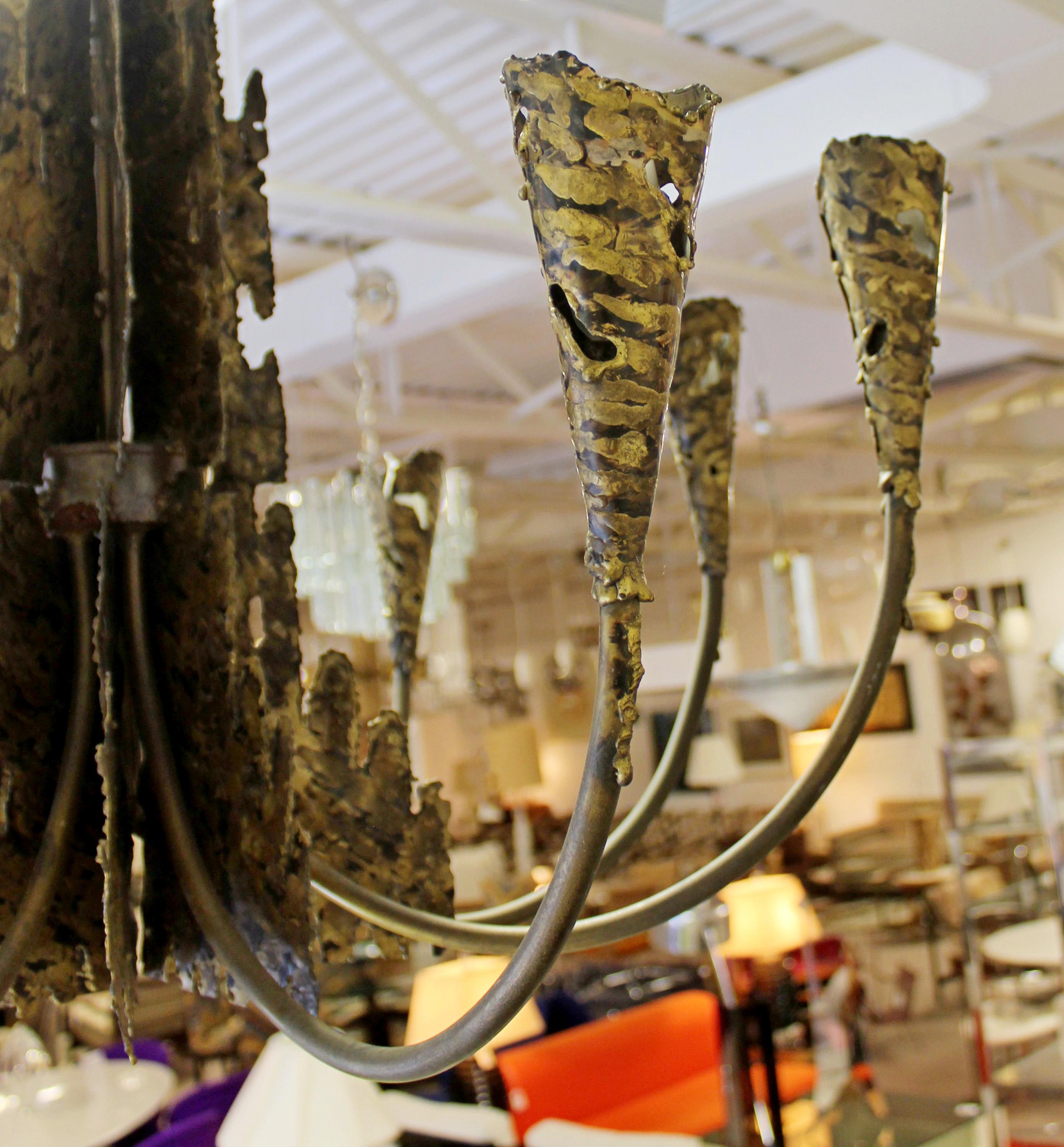 Mid-20th Century Mid-Century Modern Brutalist Torchcut Brass Chandelier Fixture Evans Greene