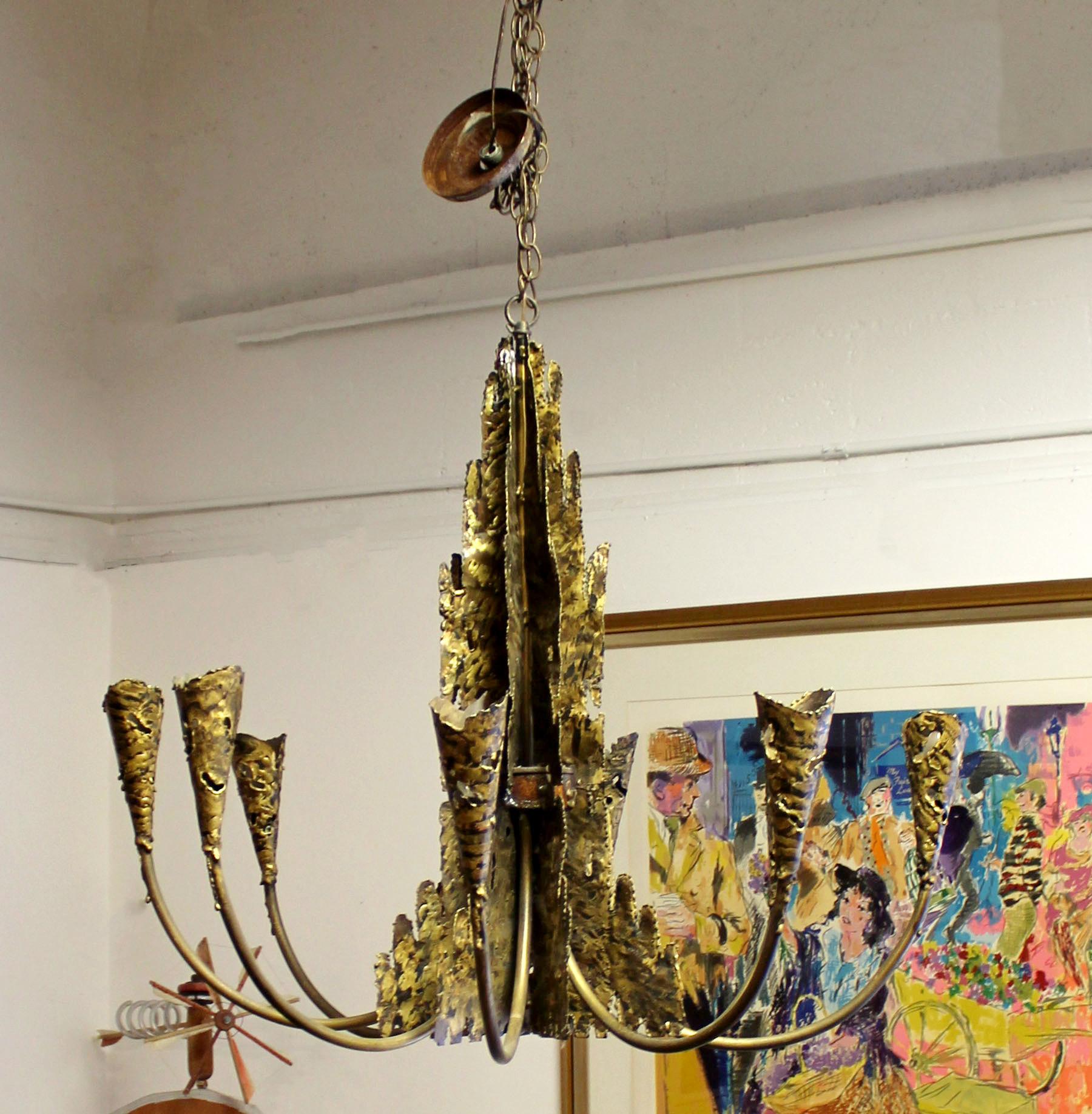 Mid-Century Modern Brutalist Torchcut Brass Chandelier Fixture Evans Greene 2