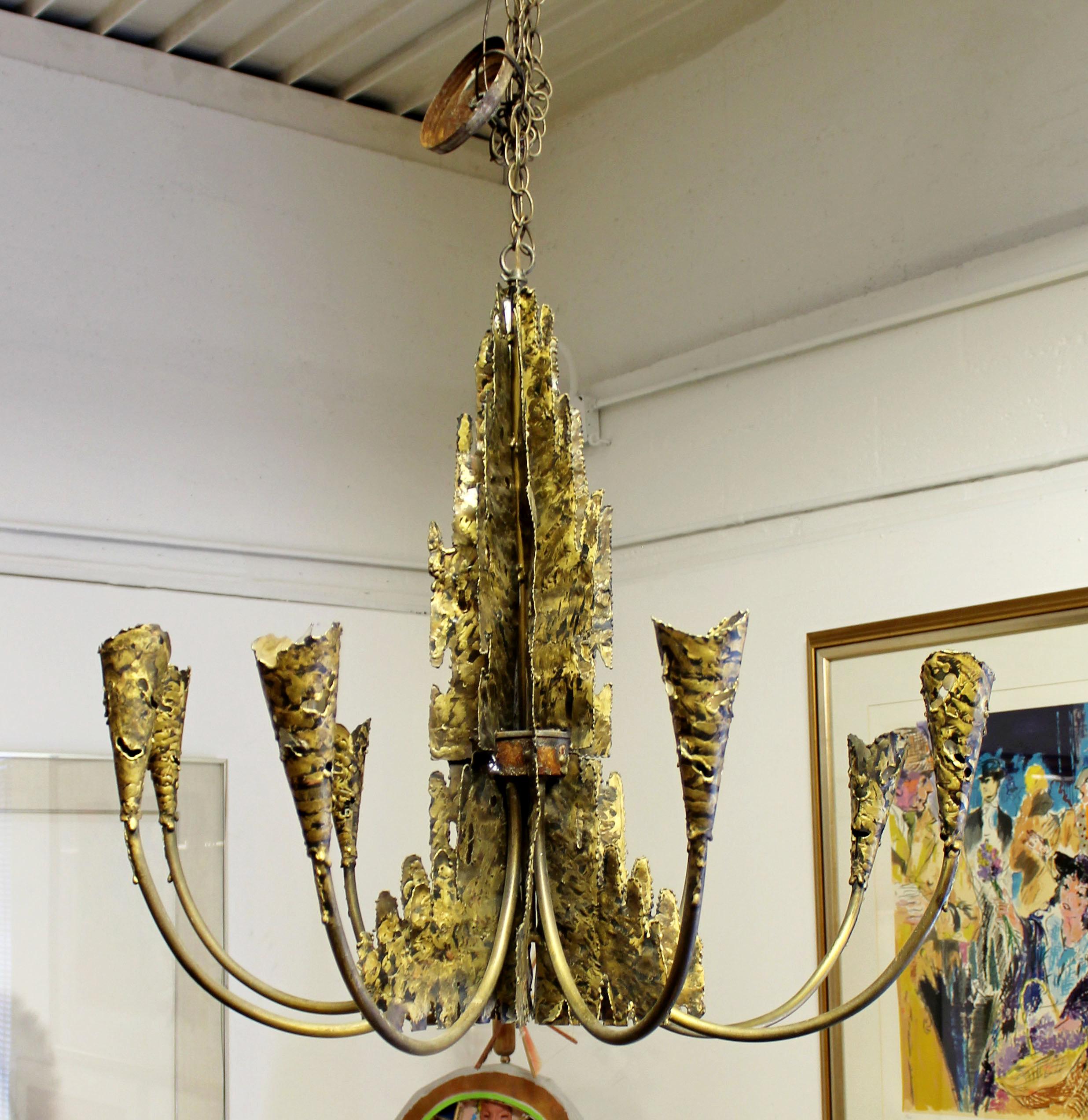 Mid-Century Modern Brutalist Torchcut Brass Chandelier Fixture Evans Greene 3
