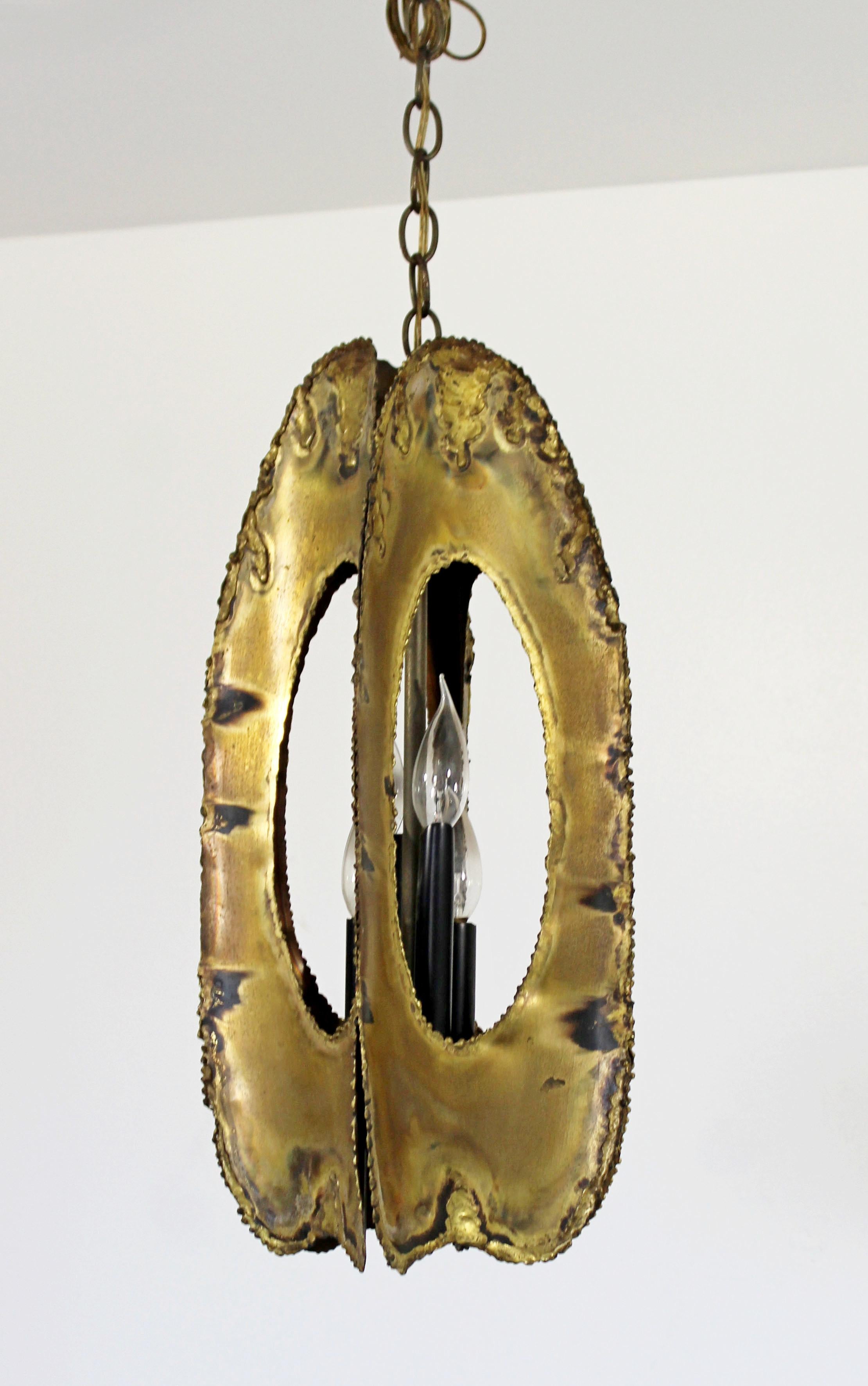 American Mid-Century Modern Brutalist Torchcut Brass Pendant Light Fixture Tom Greene