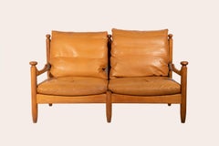 Mid-Century Modern Brutalist Two-Seat Sofa, Oak & Leather, 1950's