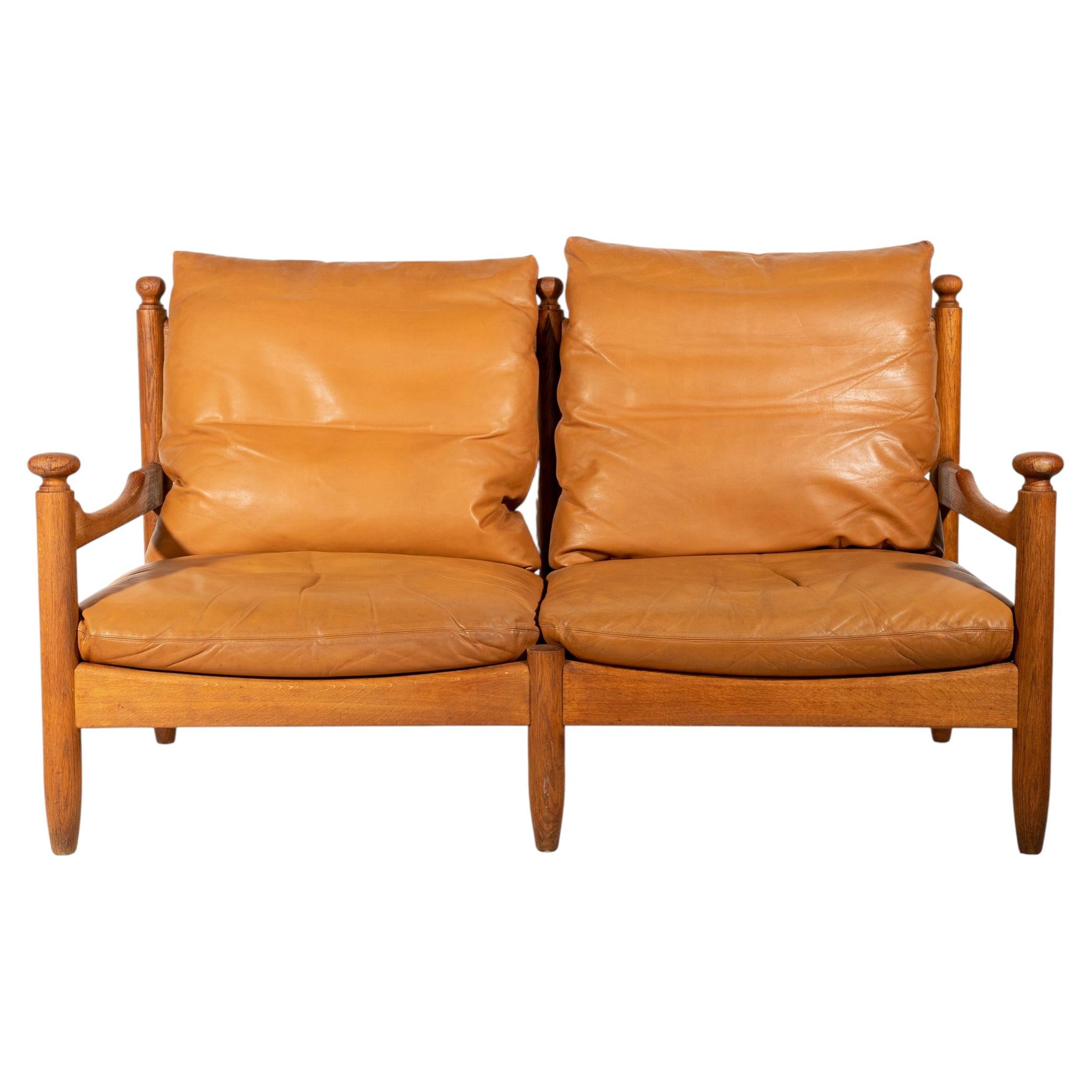 Mid-Century Modern Brutalist Two-Seat Sofa, Oak & Leather, 1950's For Sale