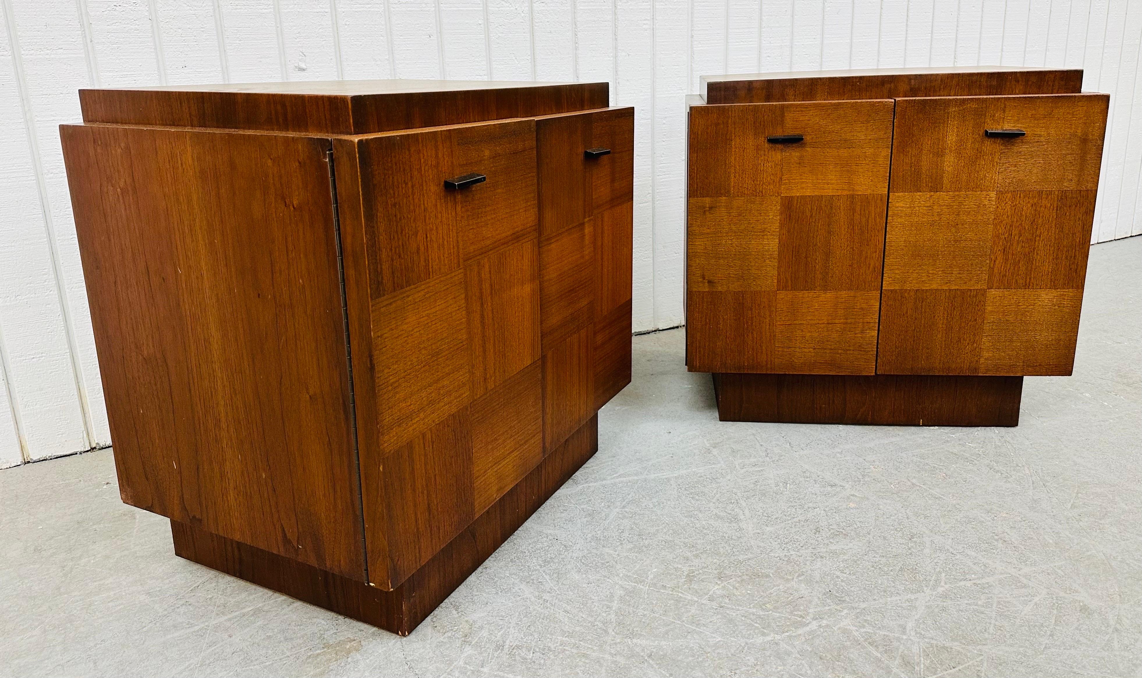This listing is for a pair of Mid-Century Modern Brutalist Walnut Nightstands. Featuring a straight line cube design, brutalist style checkerboard design, plinth base, black pulls, and a beautiful finish. This is an exceptional combination of