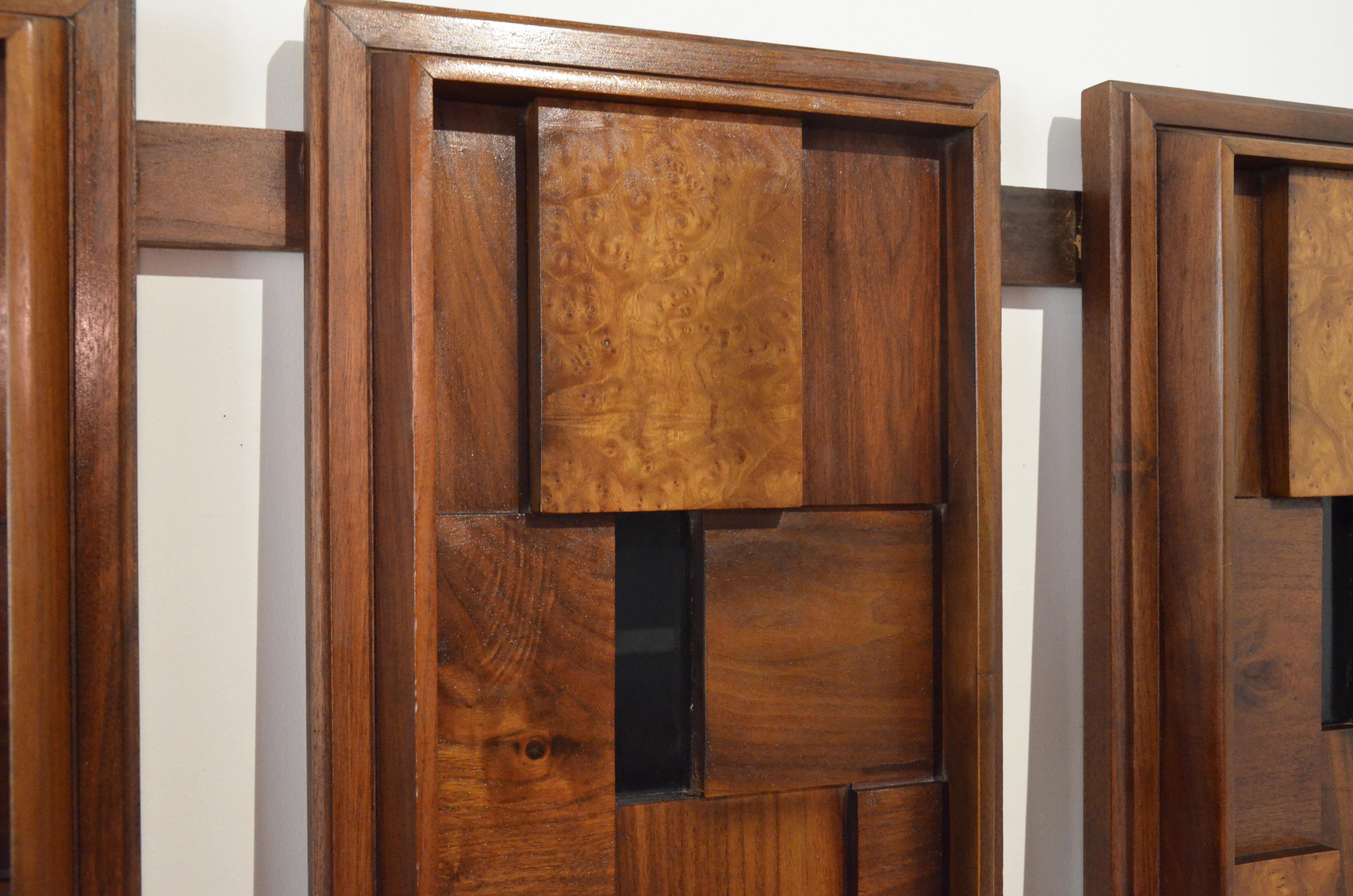 Brutalist Walnut Veneer and Burl Veneer Wood Queen Size Headboard In Good Condition In Houston, TX