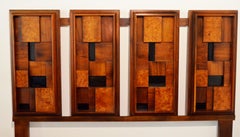 Brutalist Walnut Veneer and Burl Veneer Wood Queen Size Headboard