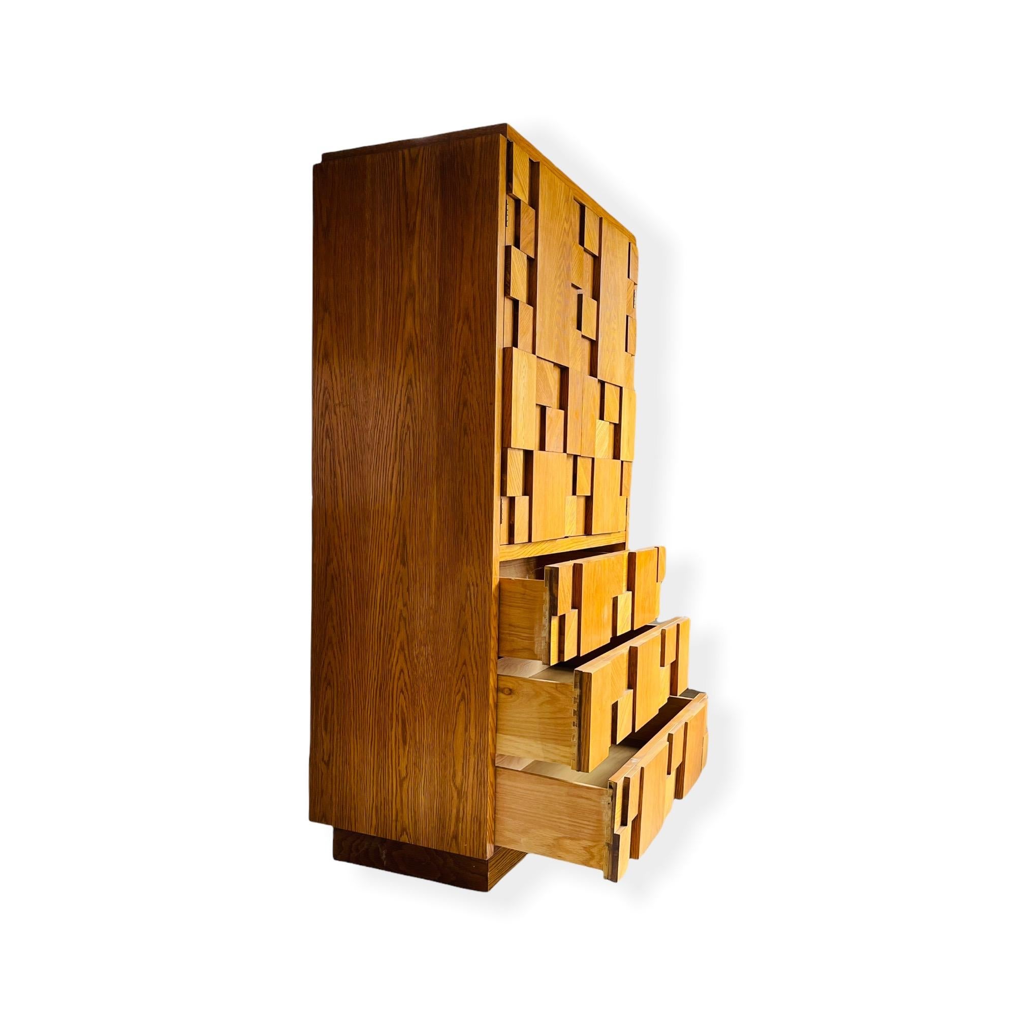 American Mid-Century Modern Brutalist Wood Block Cabinet by Lane Furniture