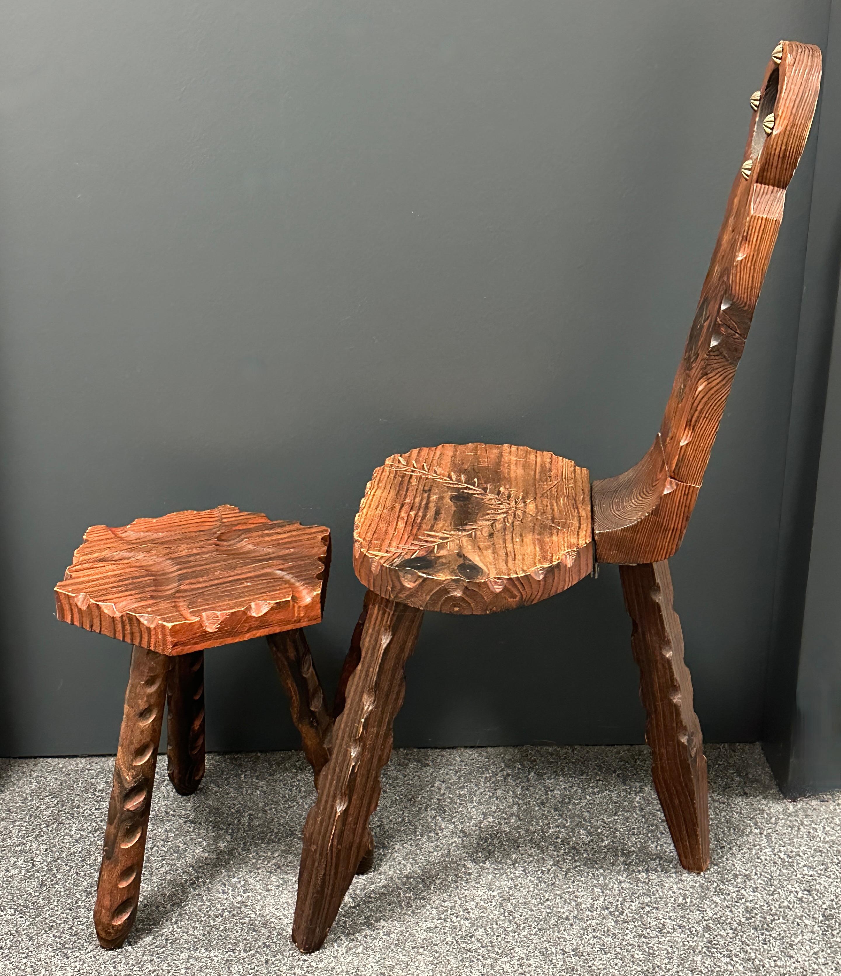 Mid-Century Modern Brutalist Wood Tripod Chair and Foot Rest, German Vintage For Sale 4