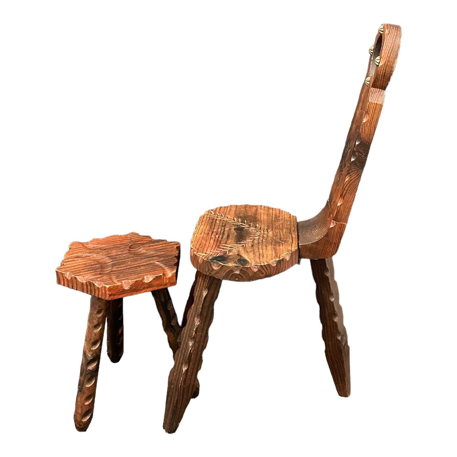 Folk Art Mid-Century Modern Brutalist Wood Tripod Chair and Foot Rest, German Vintage For Sale
