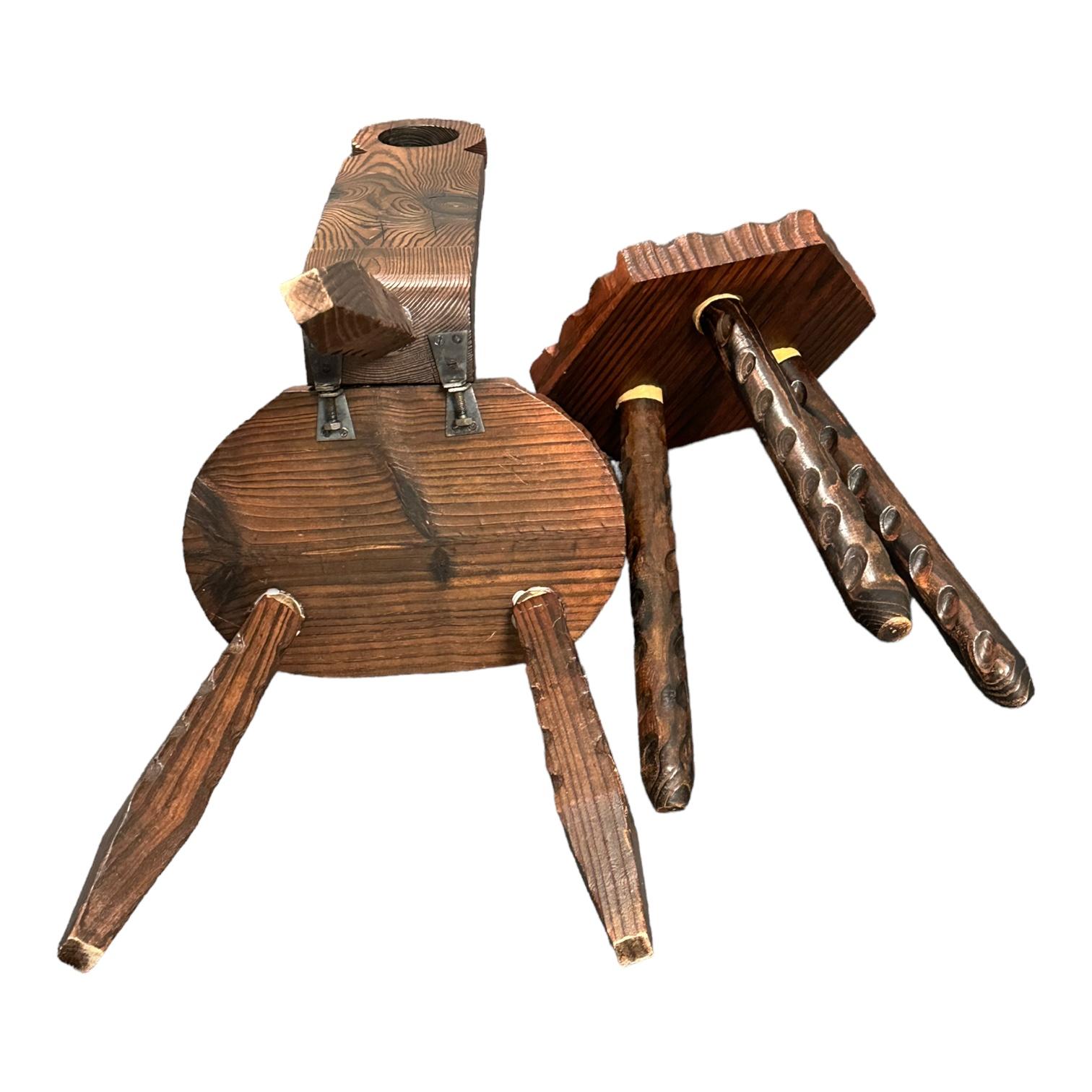 Late 20th Century Mid-Century Modern Brutalist Wood Tripod Chair and Foot Rest, German Vintage For Sale