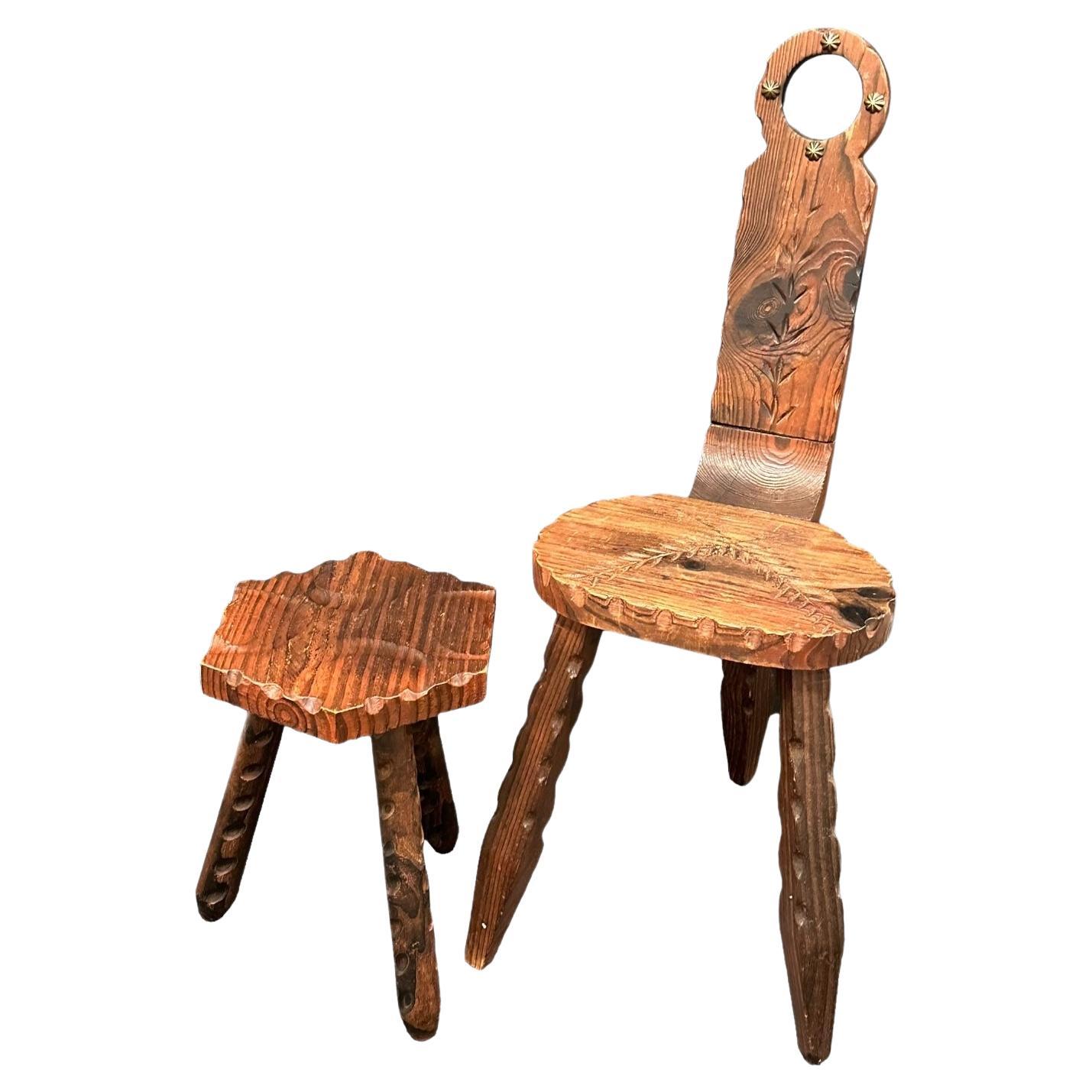 Mid-Century Modern Brutalist Wood Tripod Chair and Foot Rest, German Vintage