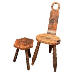 Mid-Century Modern Brutalist Wood Tripod Chair and Foot Rest, German Retro