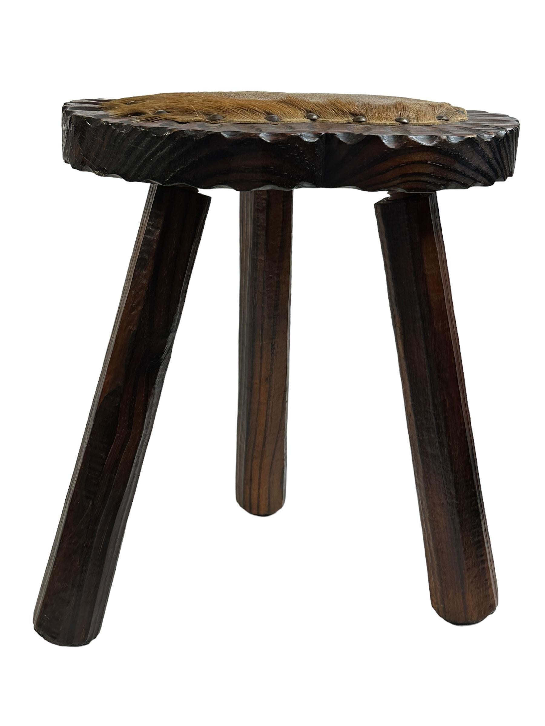 Folk Art Mid-Century Modern Brutalist Wood Tripod Chair Foot Rest Stool, Spain Vintage For Sale