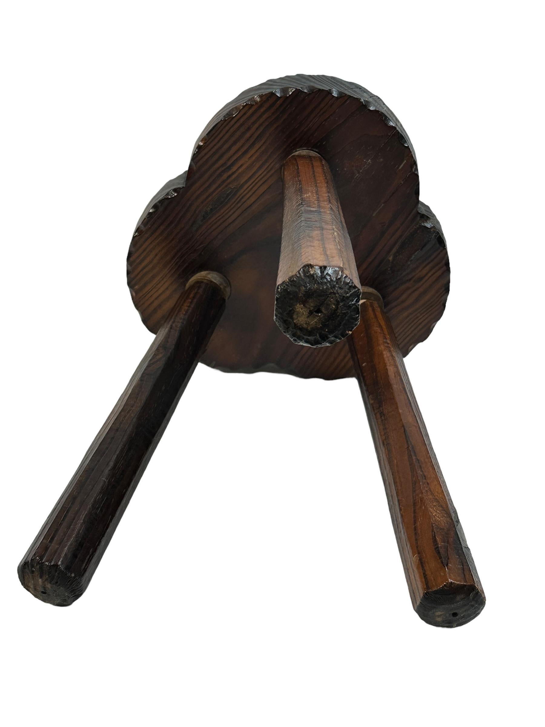 Folk Art Mid-Century Modern Brutalist Wood Tripod Chair Foot Rest Stool, Spain Vintage For Sale