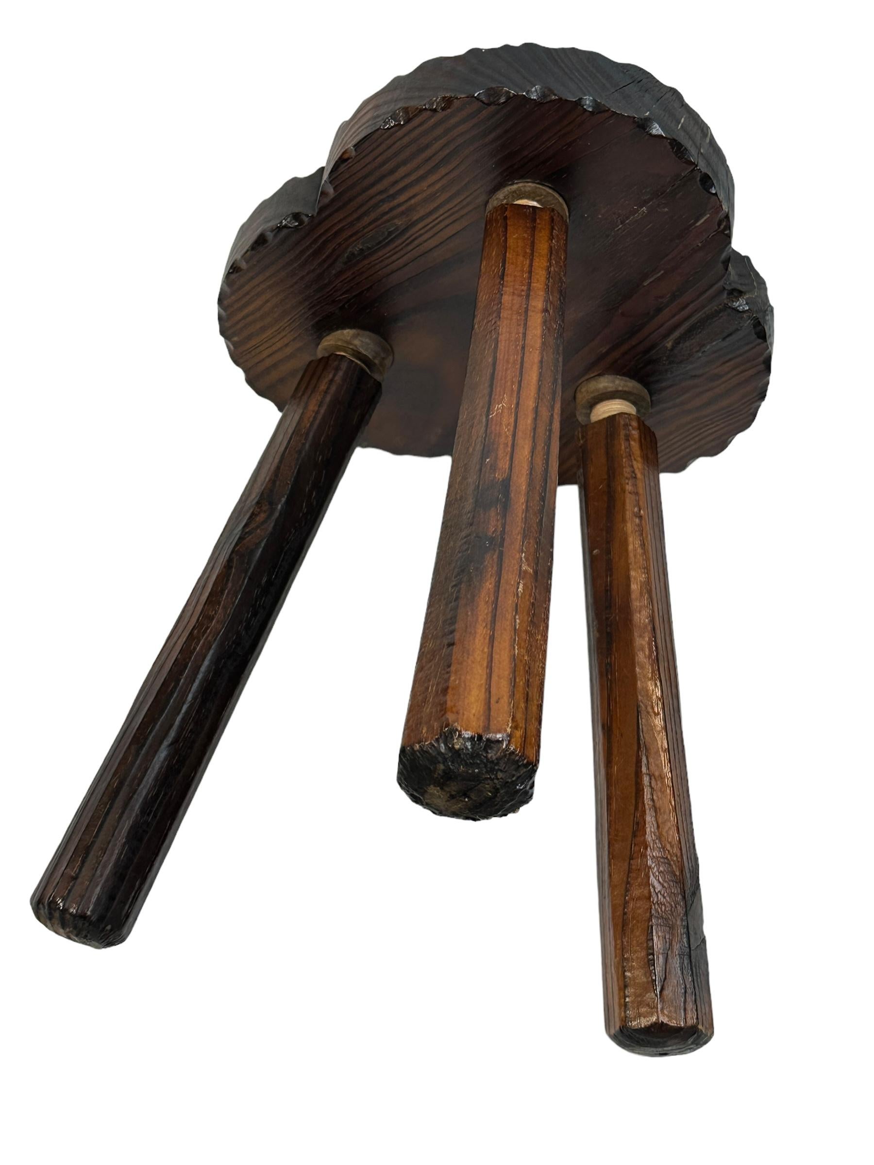 Spanish Mid-Century Modern Brutalist Wood Tripod Chair Foot Rest Stool, Spain Vintage For Sale