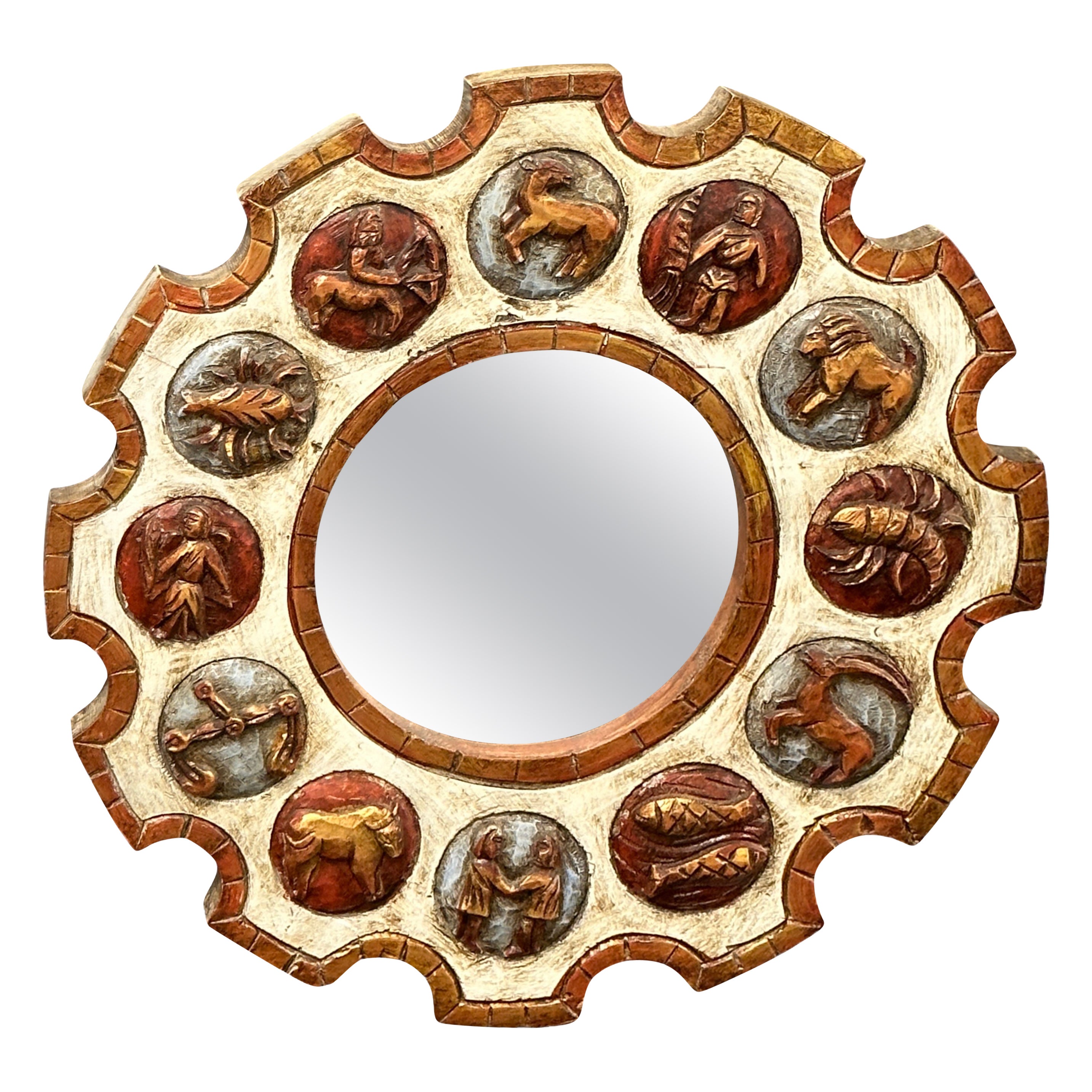 Brutalistischer Zodiac-Spiegel aus Holz, Mitte des Jahrhunderts, Deutschland, 1970er Jahre