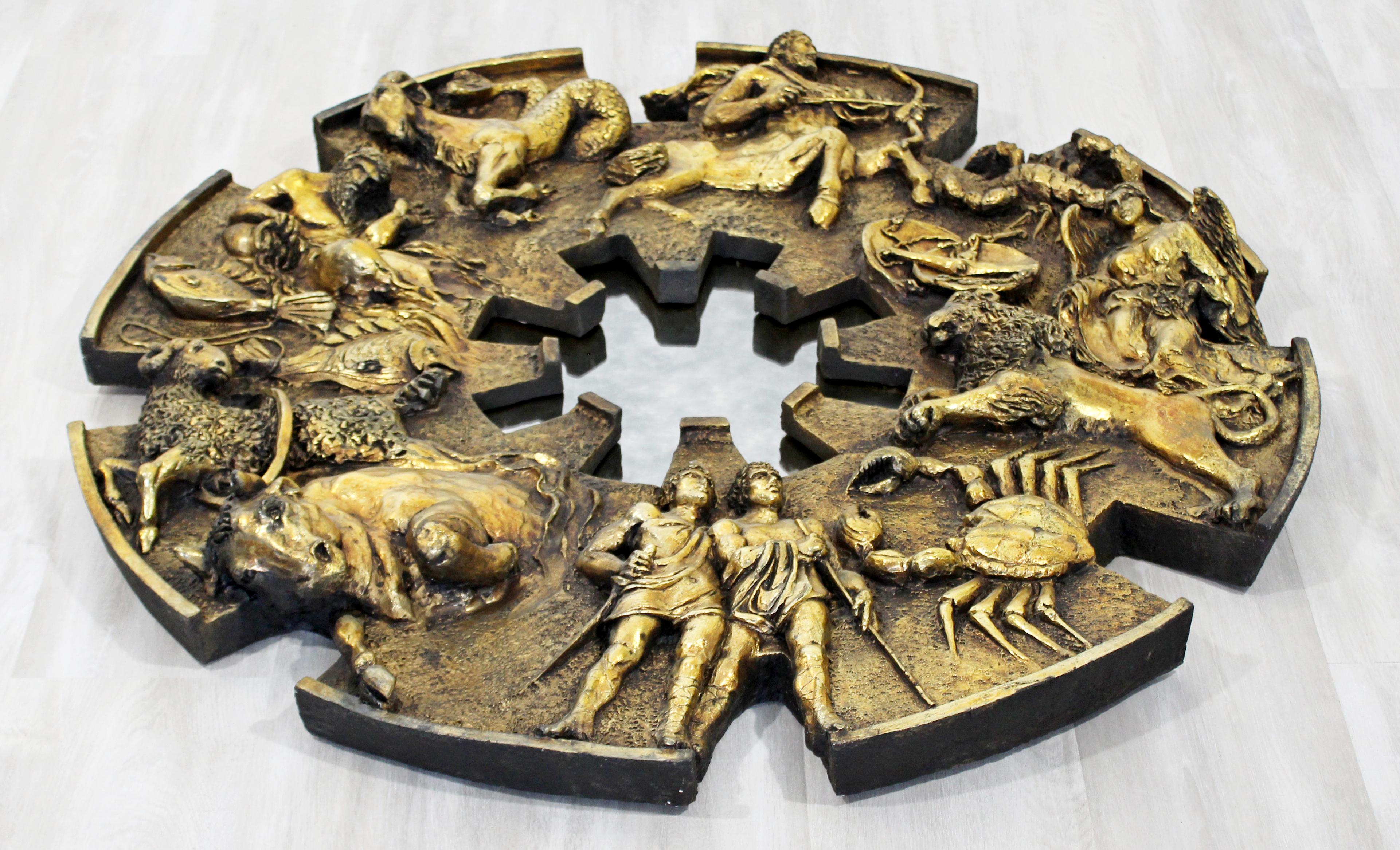 For your consideration is a phenomenal,brass finish fiberglass wall relief mirror, with the Zodiac representations, by Finesse Originals, circa 1960s. In excellent vintage condition. The dimensions are 39