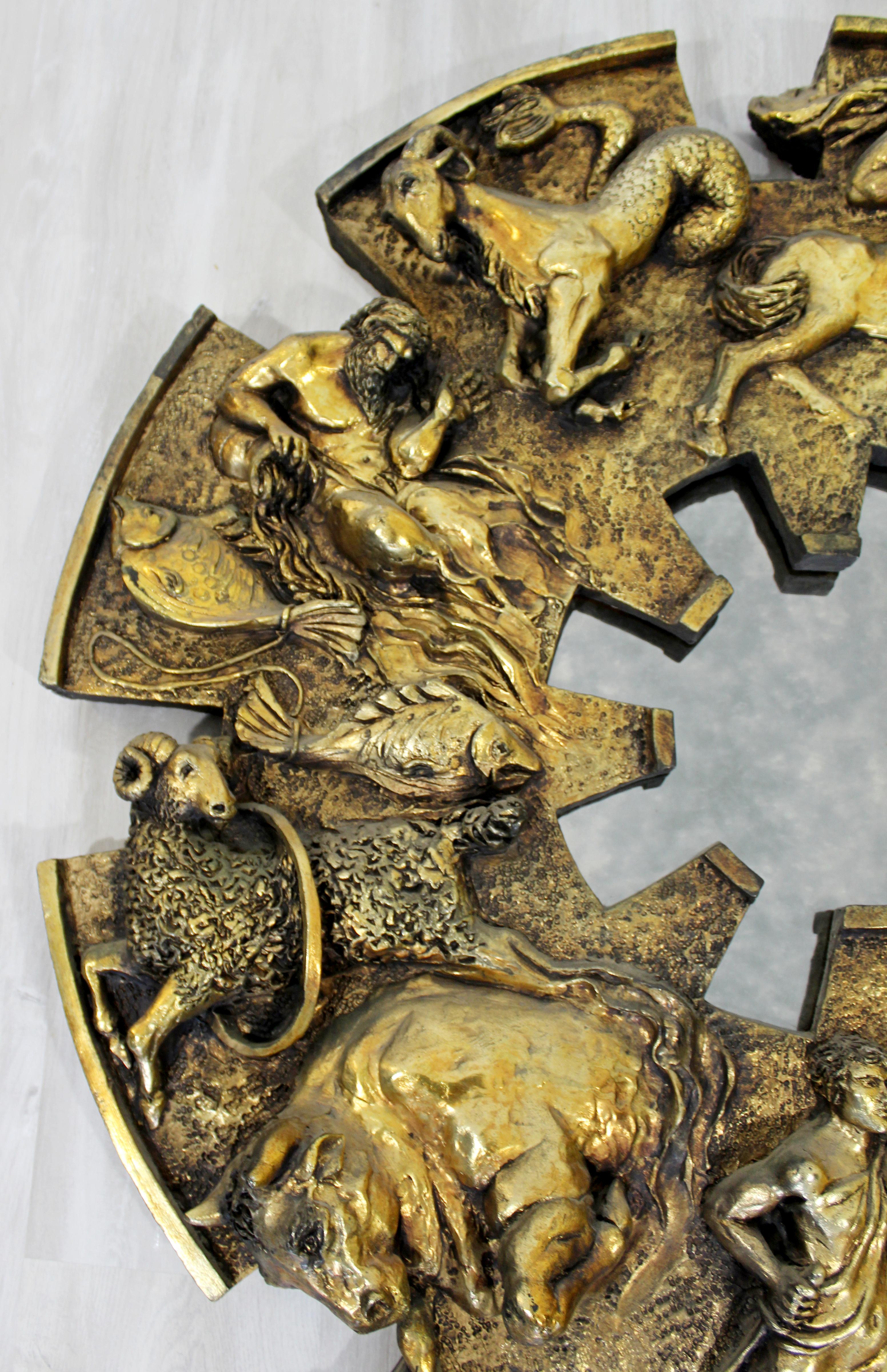 Brass Mid-Century Modern Brutalist Zodiac Wall Mirror Sculpture Finesse Fiberglass