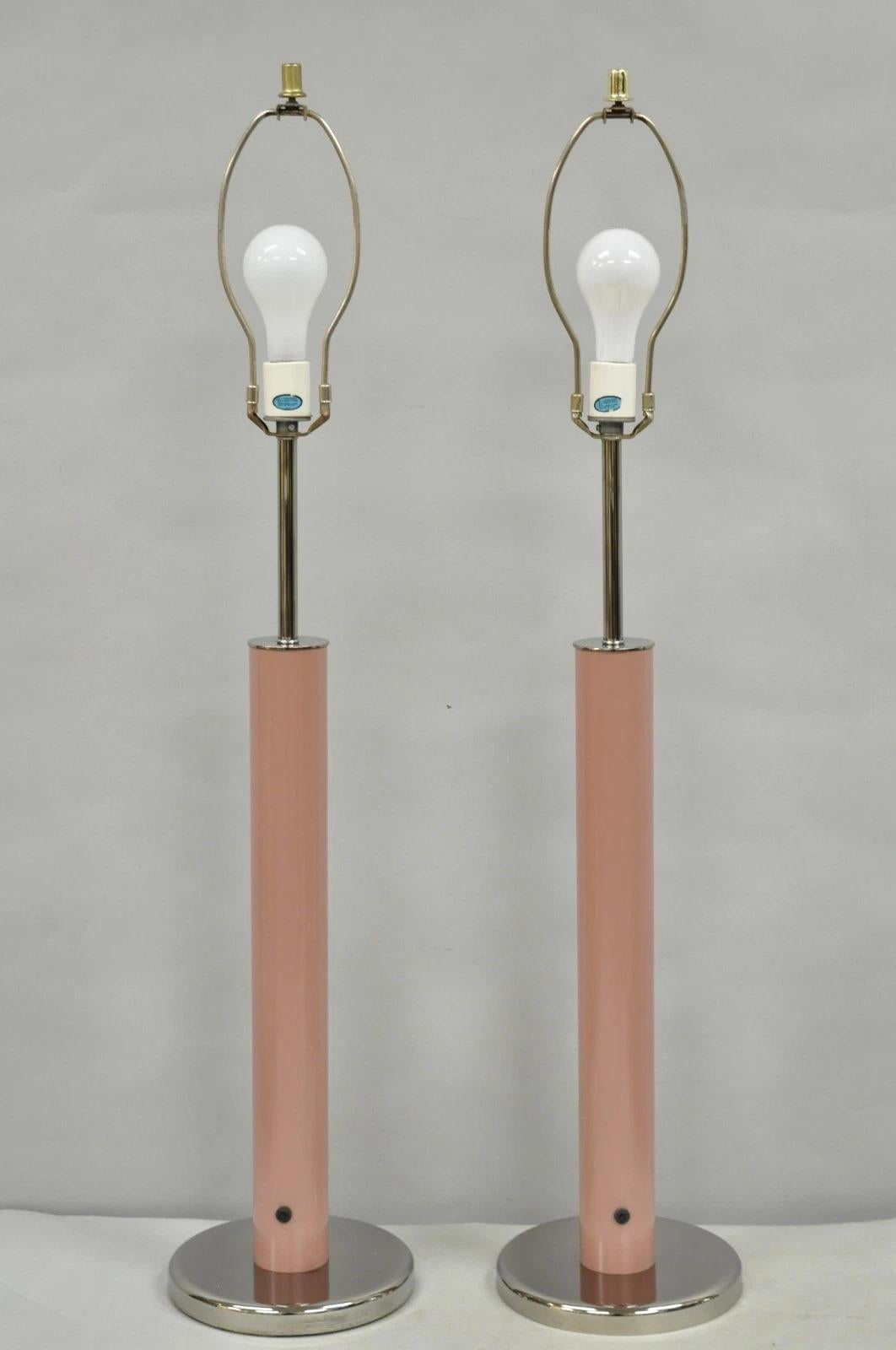Mid Century Modern Bubble Gum Pink Cylinder Column Chrome Table Lamp - a Pair For Sale 4