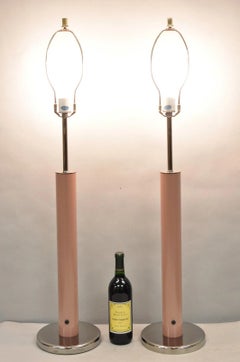 Mid Century Modern Bubble Gum Pink Cylinder Column Chrome Table Lamp - a Pair