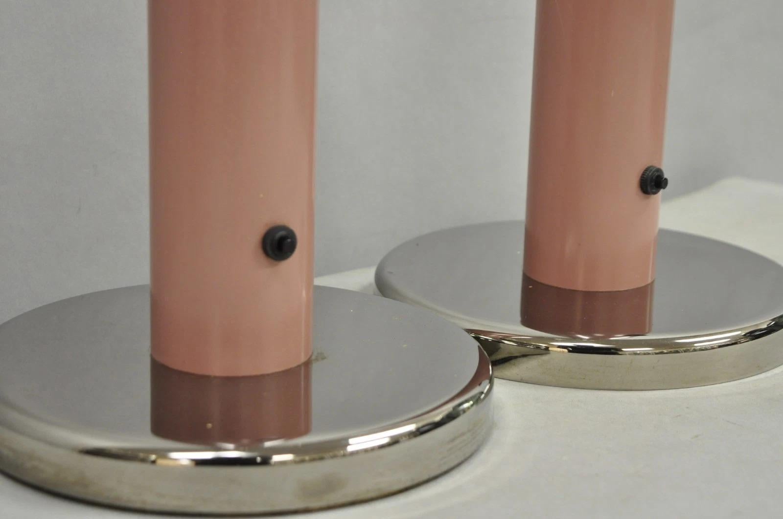 Metal Mid Century Modern Bubble Gum Pink Cylinder Column Chrome Table Lamp - a Pair For Sale