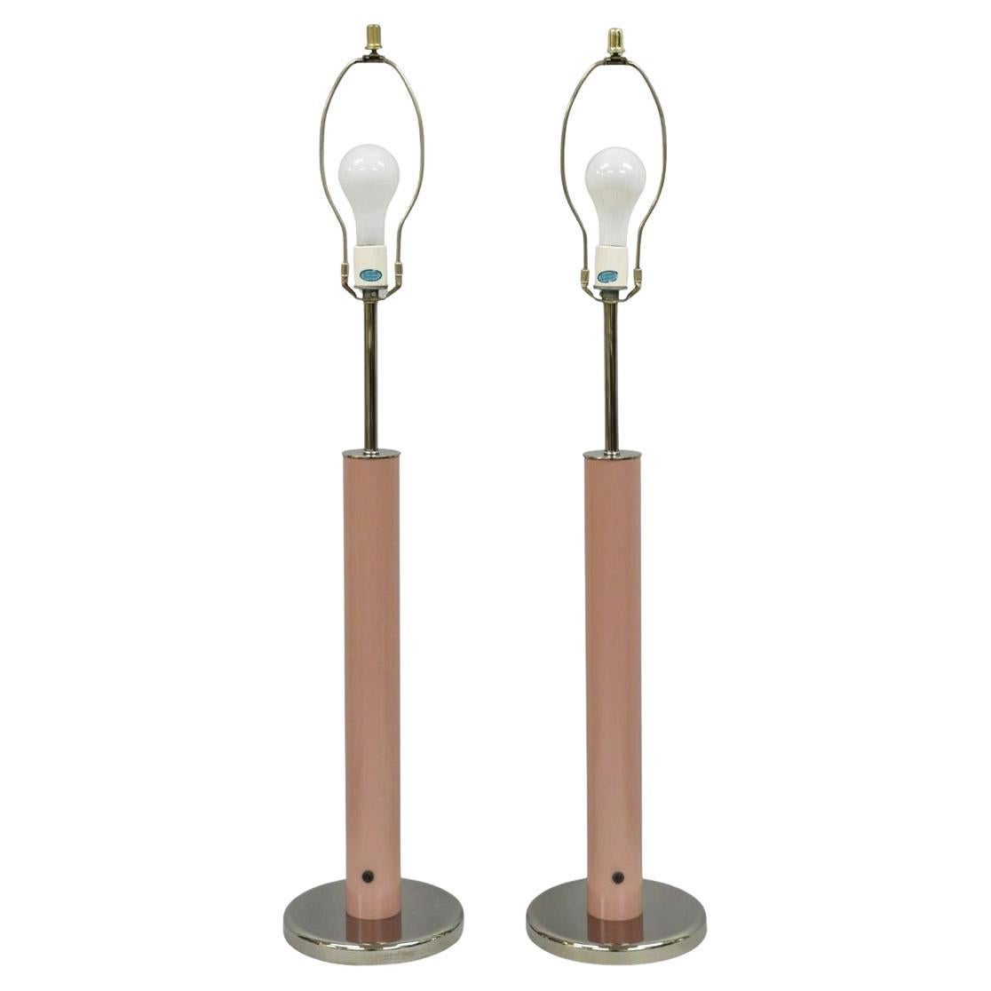 Mid Century Modern Bubble Gum Pink Cylinder Column Chrome Table Lamp - a Pair For Sale