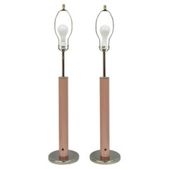 Mid Century Modern Bubble Gum Pink Cylinder Column Chrome Table Lamp - a Pair