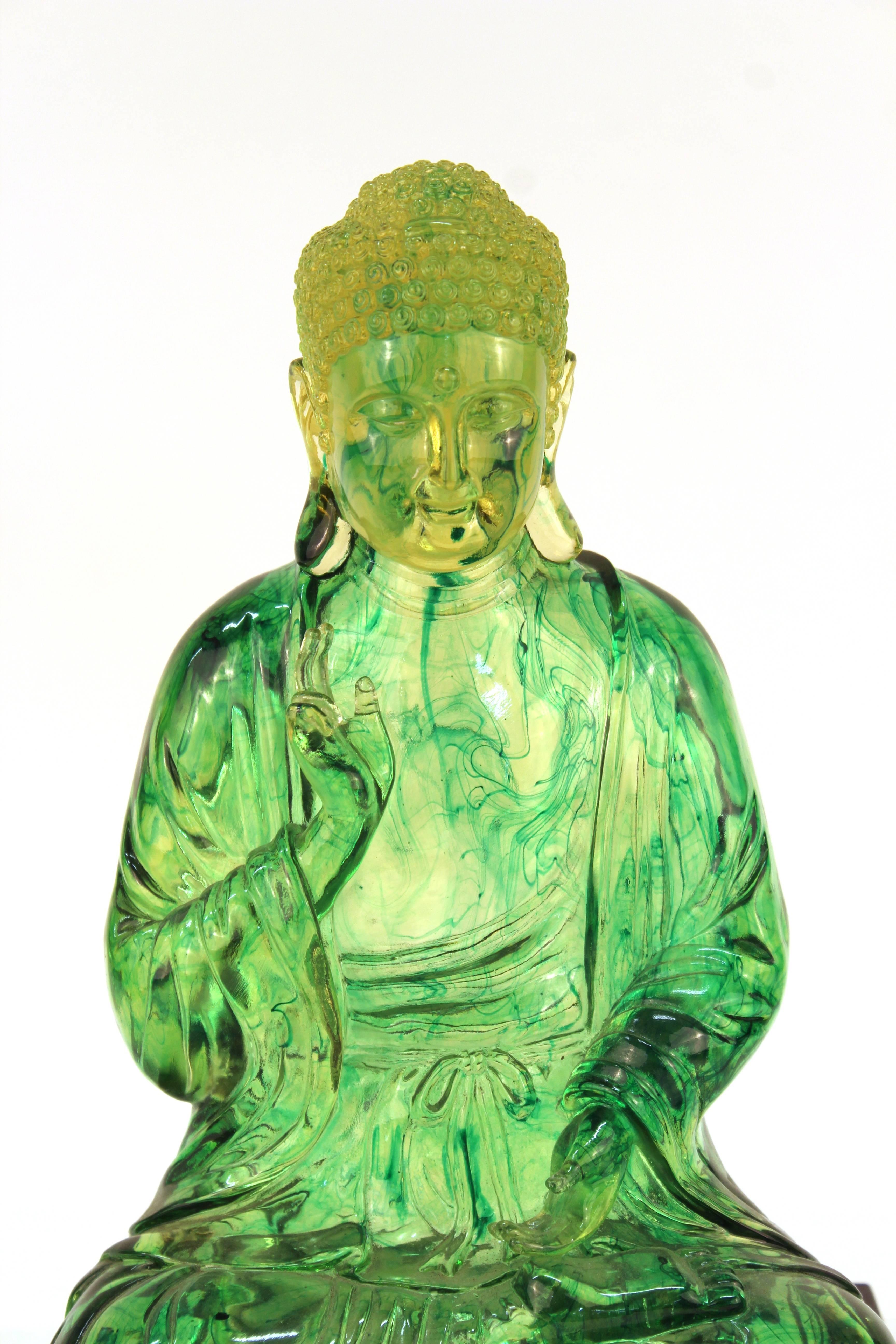 Mid-Century Modern Buddha in Green Resin on Black Stand 1