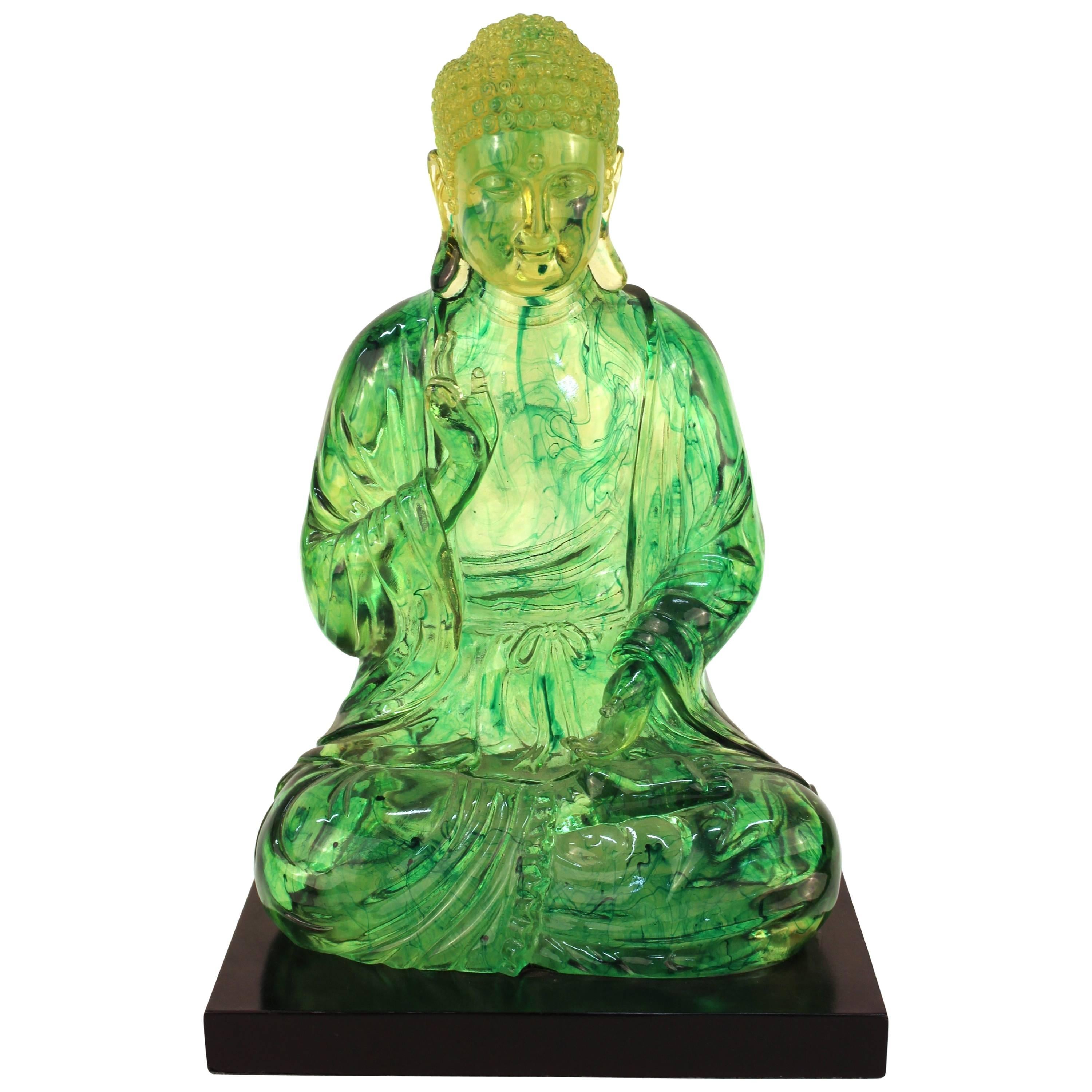 Mid-Century Modern Buddha in Green Resin on Black Stand