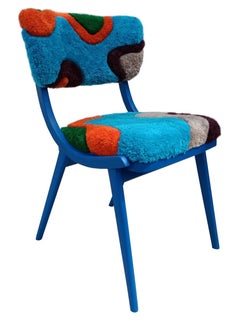 Mid Century Modern Bumerang Chair, Hand Tufting Blue Green Wool, Poland, 1960s