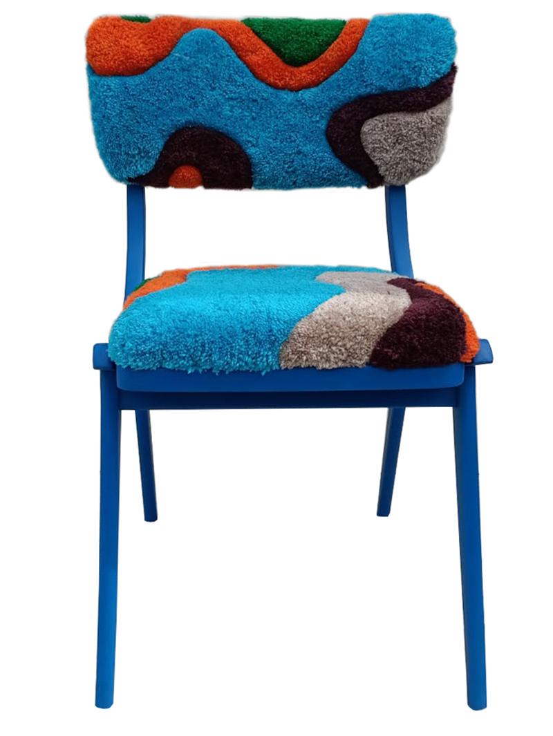 Mid-Century Modern Mid Century Modern Bumerang Chair, Hand Tufting Blue Green Wool, Poland, 1960s For Sale