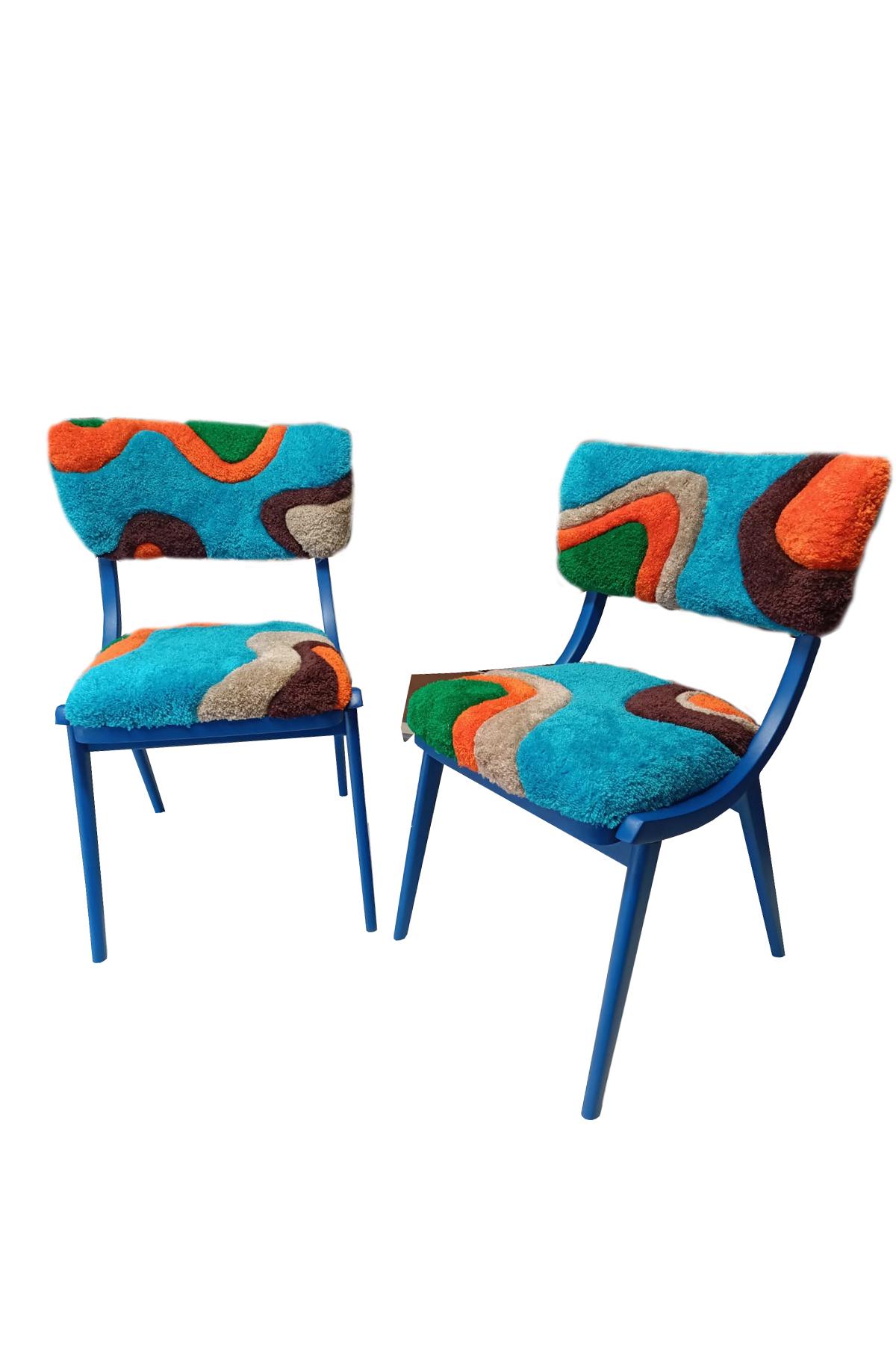Hand-Crafted Mid Century Modern Bumerang Chair, Hand Tufting Blue Green Wool, Poland, 1960s For Sale