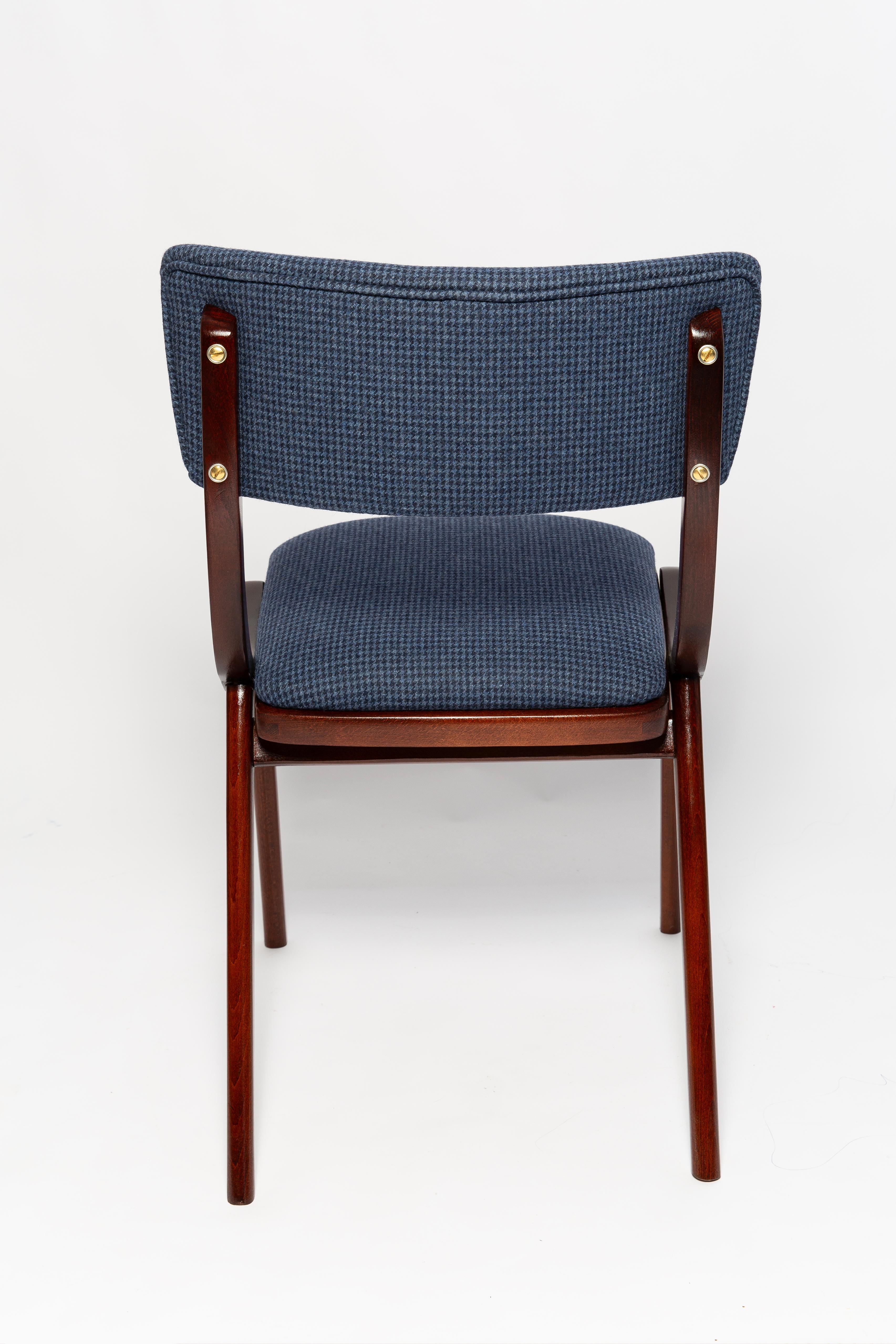 Hand-Crafted Mid Century Modern Bumerang Chair, Navy Cheerful Check Wool, Poland, 1960s For Sale