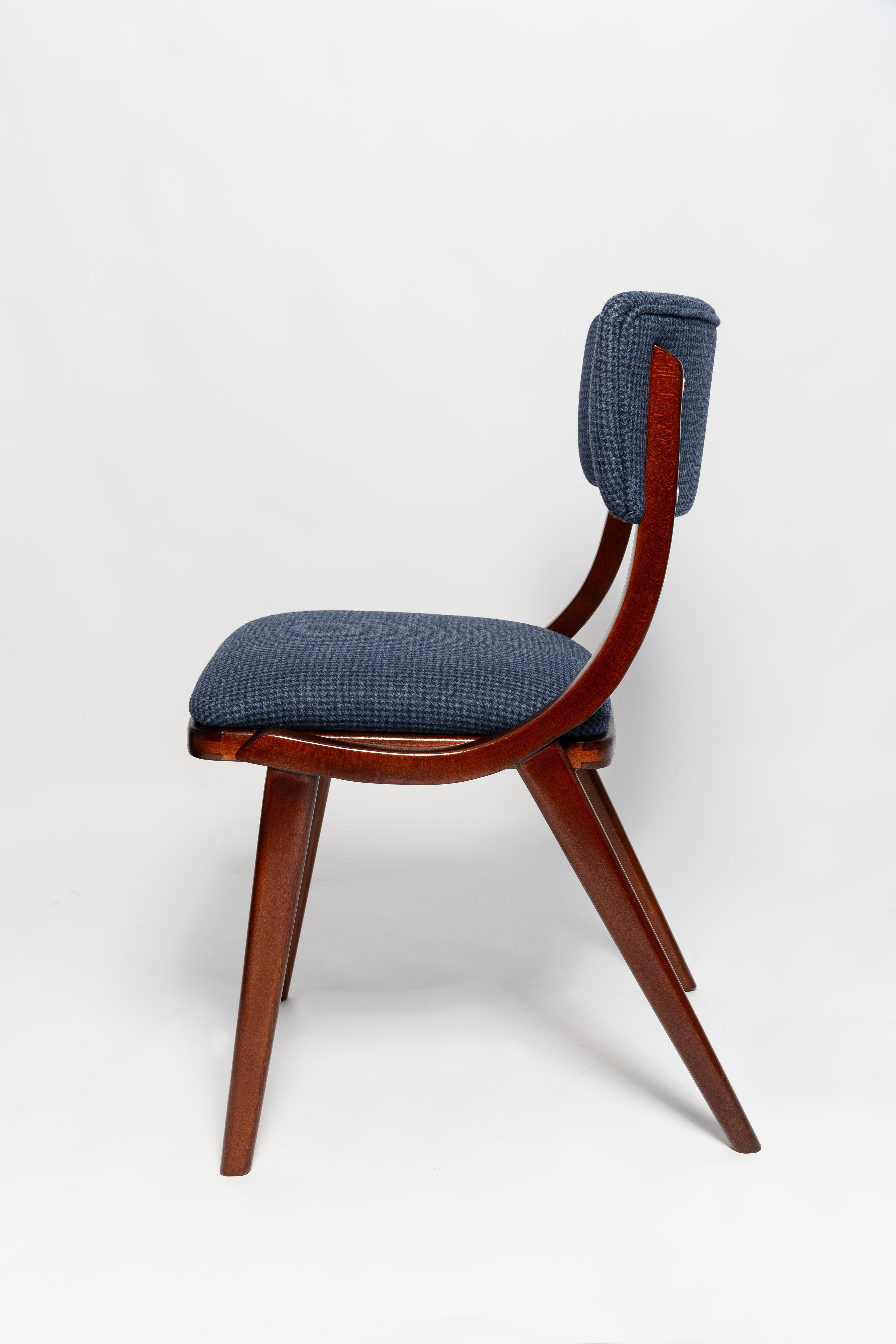 Leather Mid Century Modern Bumerang Chair, Navy Cheerful Check Wool, Poland, 1960s For Sale