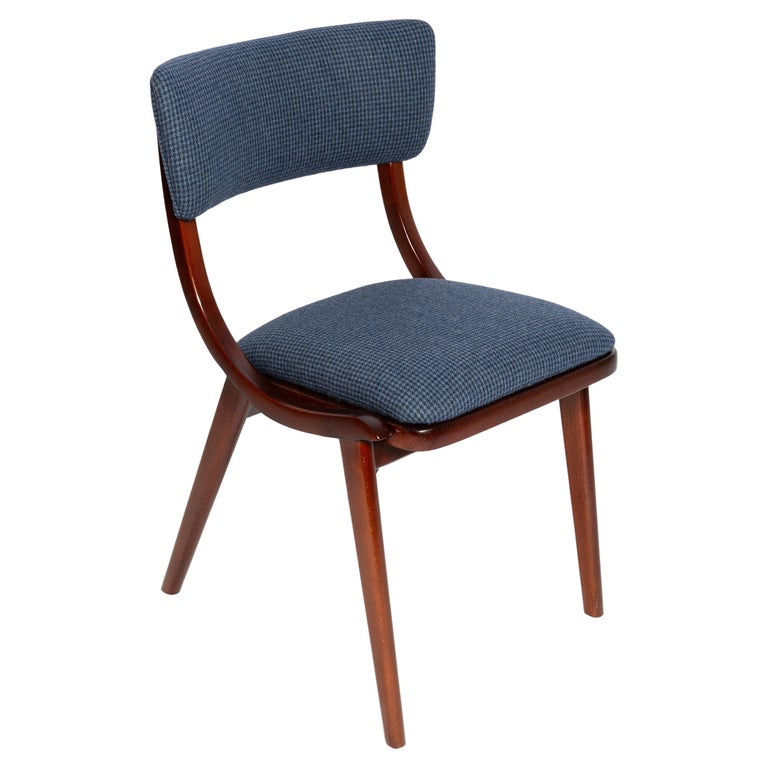 Mid Century Modern Bumerang Chair, Navy Cheerful Check Wool, Poland, 1960s