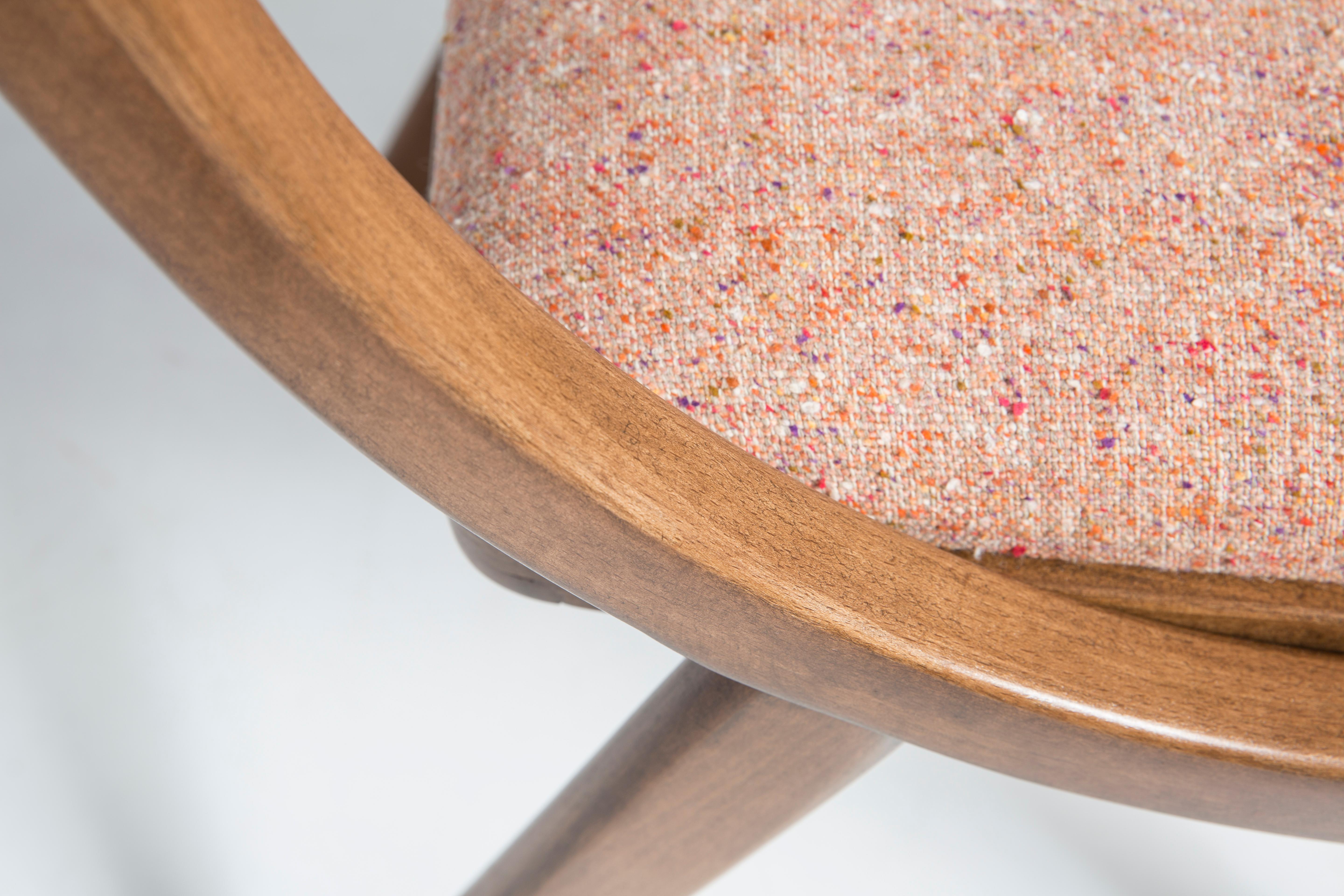Textile Mid Century Modern Bumerang Chair, Peach Orange Wool, Poland, 1960s For Sale