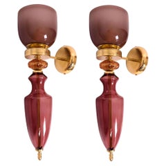 Mid-Century Modern Burgundy Murano Glass Sconces with Brass Mounts