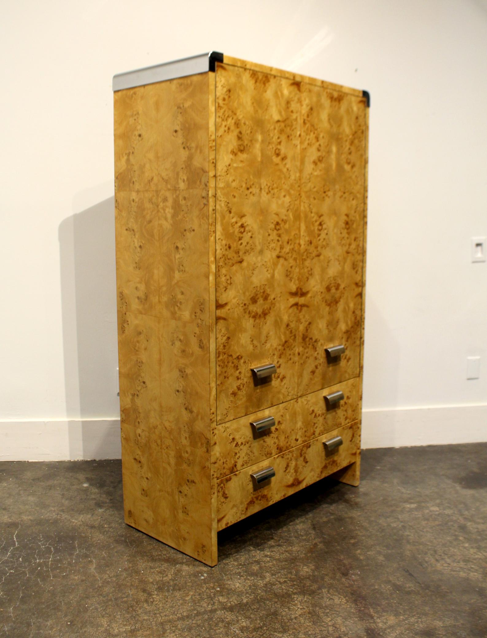 Mid-Century Modern Burl and Chrome High Chest Wardrobe by Pace In Good Condition In Dallas, TX