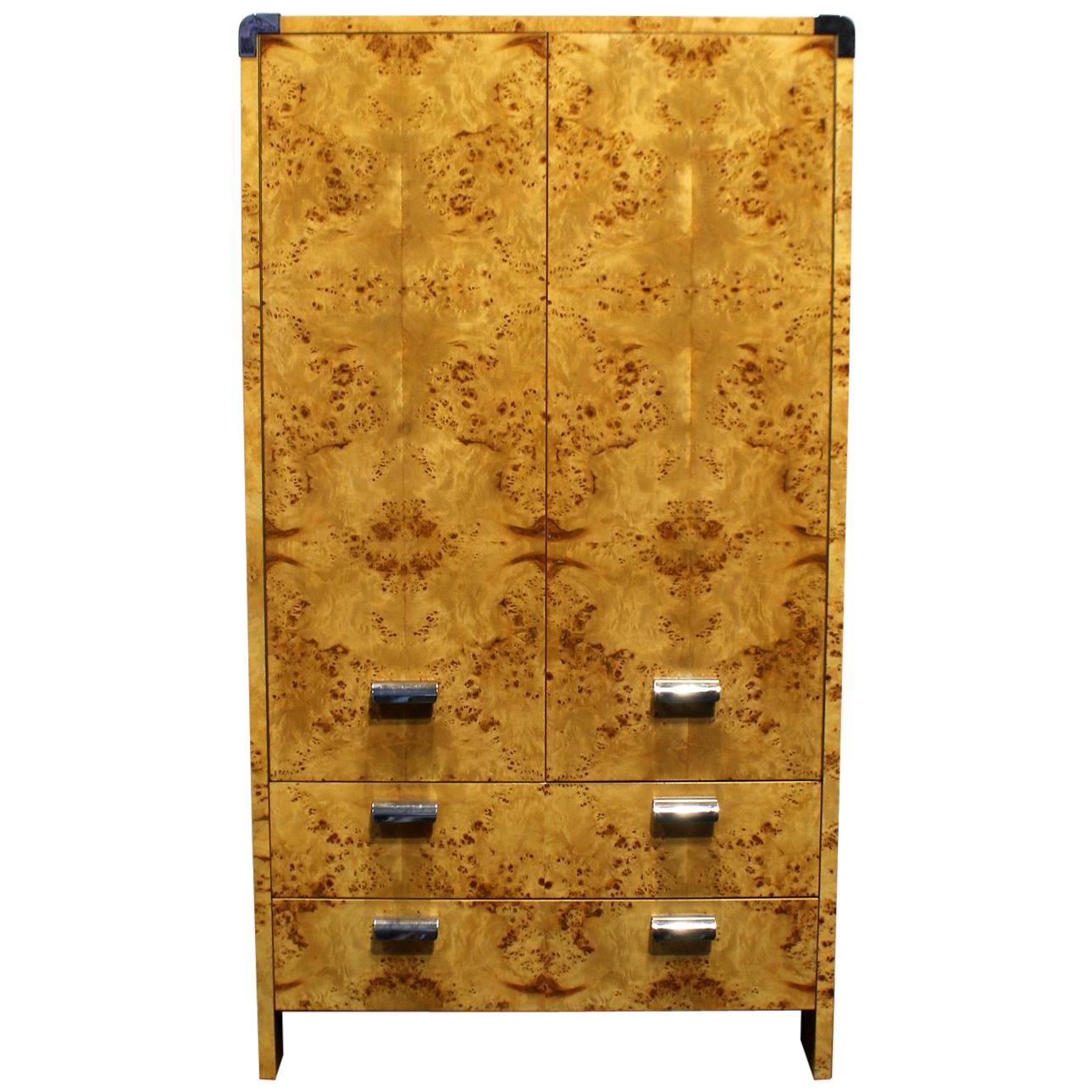 Mid-Century Modern Burl and Chrome High Chest Wardrobe by Pace