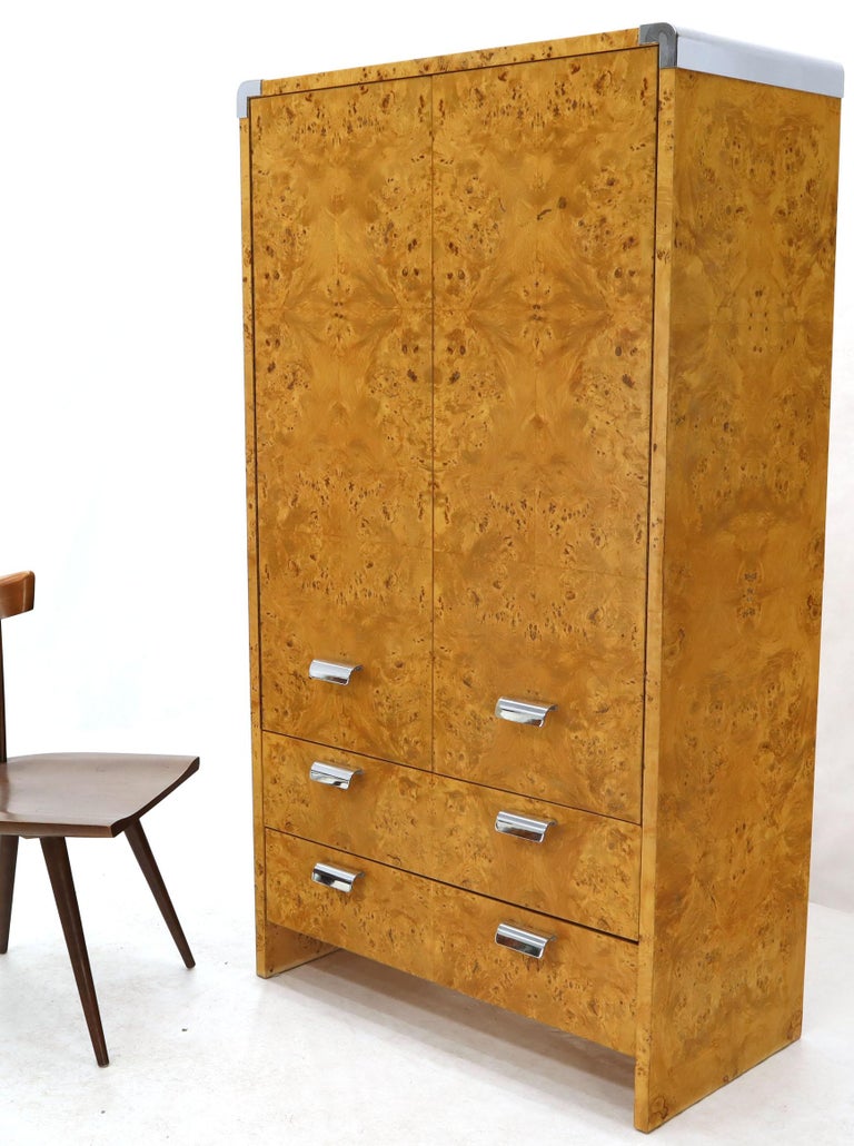 MidCentury Modern Burl and Chrome Gentleman's High Chest Armoire