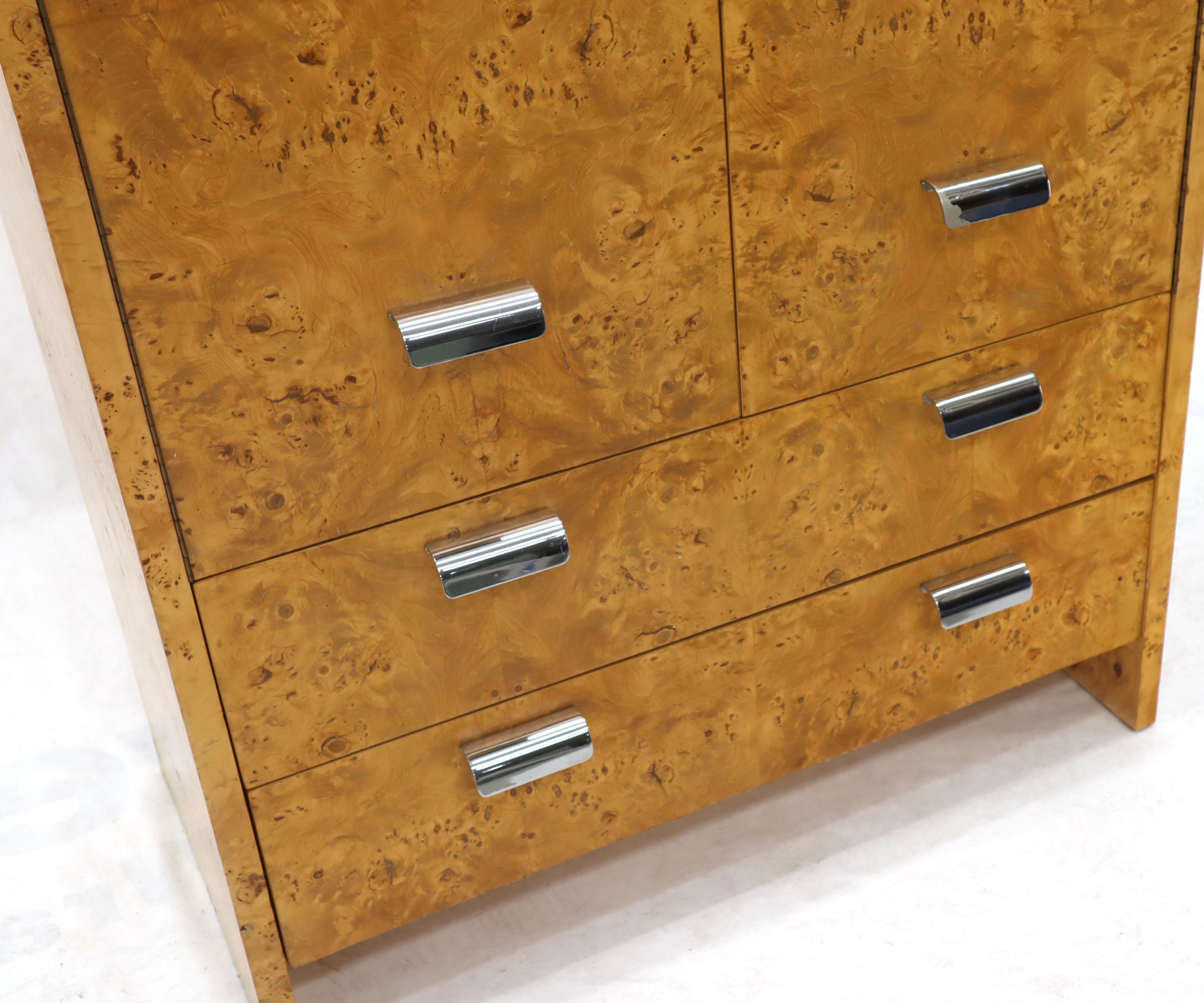 American Mid-Century Modern Burl & Chrome Gentleman's High Chest Armoire Dresser Cabinet