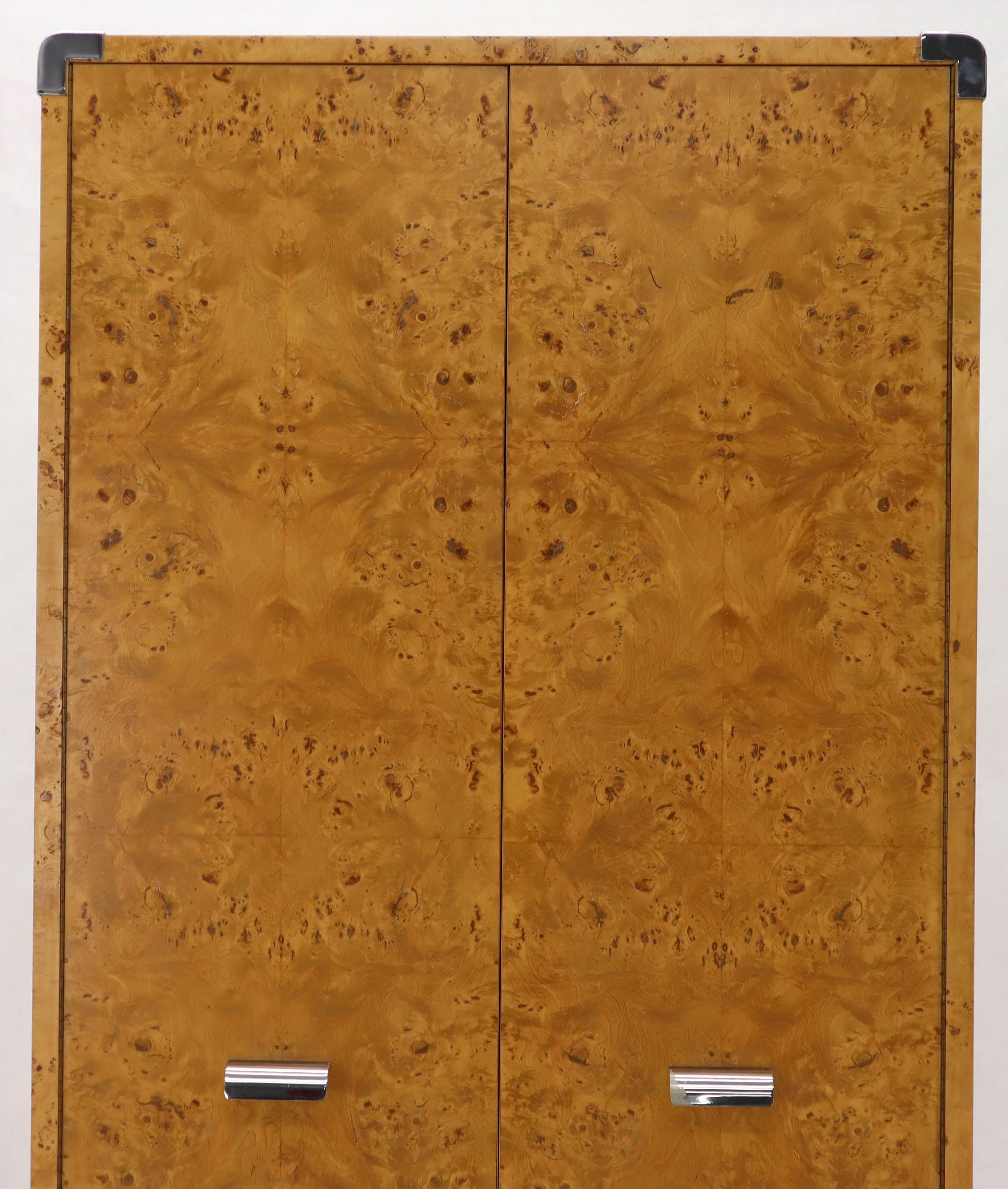 Lacquered Mid-Century Modern Burl & Chrome Gentleman's High Chest Armoire Dresser Cabinet