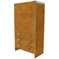 Mid-Century Modern Burl & Chrome Gentleman's High Chest Armoire Dresser Cabinet