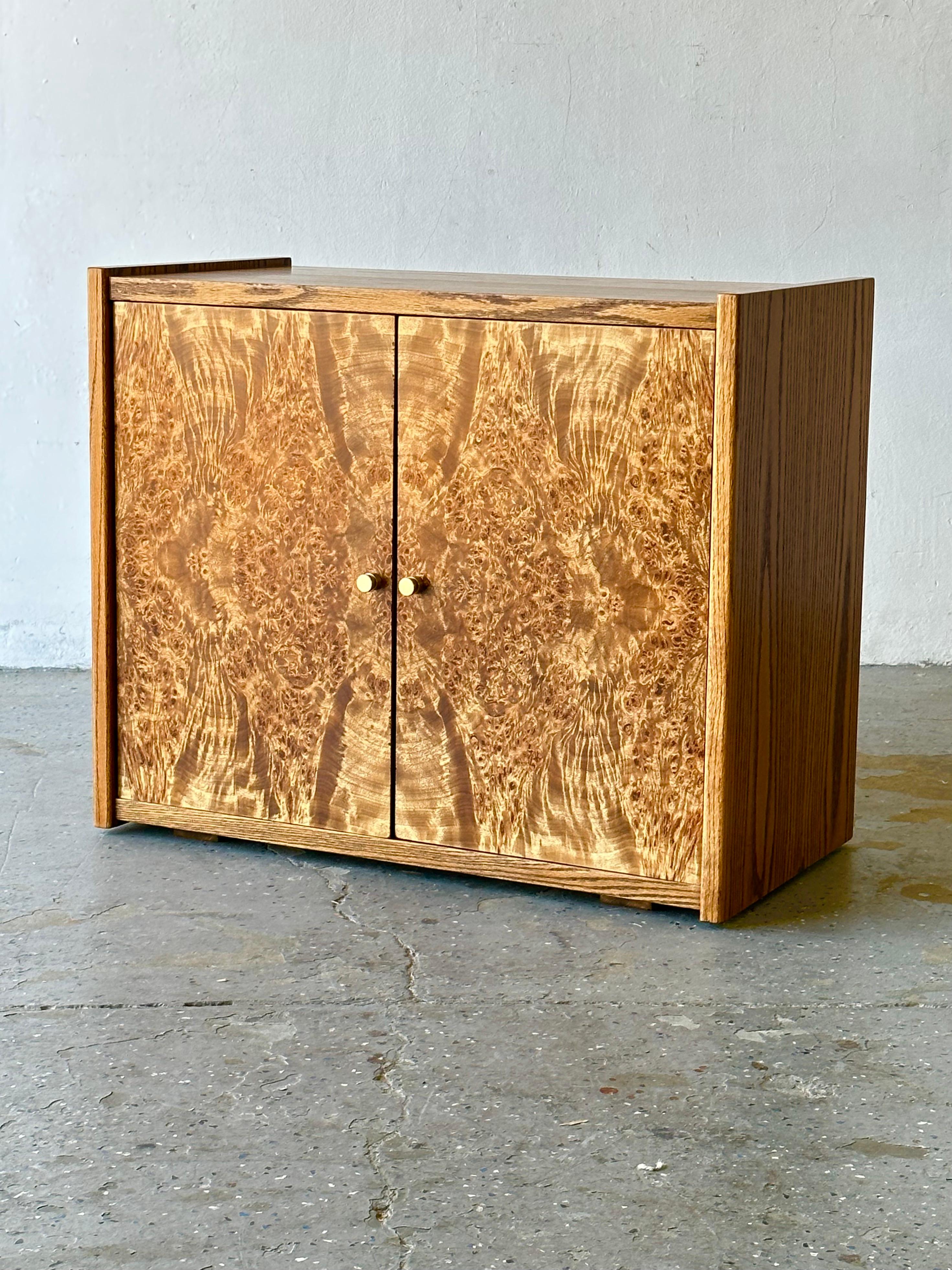 American Mid Century Modern Burl Olive and Oak Wood Entry Cabinet Milo Baughman Style