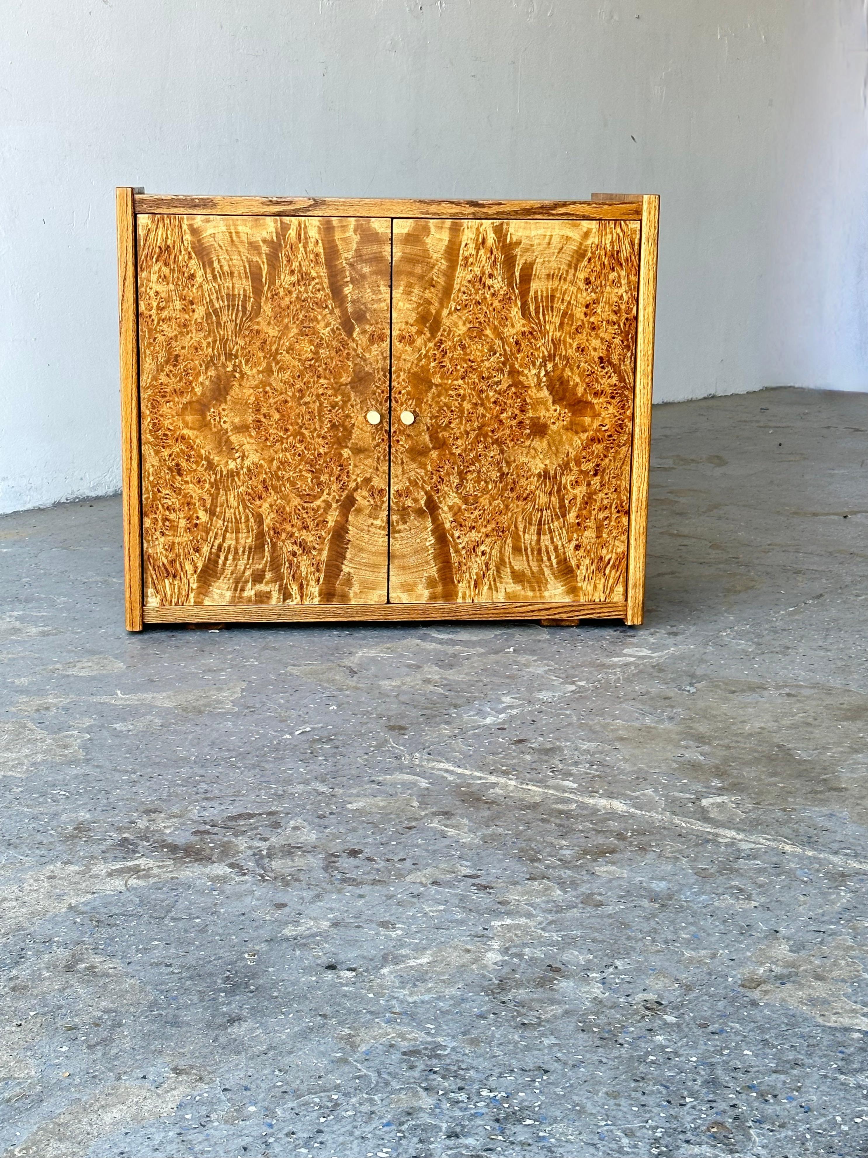 Late 20th Century Mid Century Modern Burl Olive and Oak Wood Entry Cabinet Milo Baughman Style